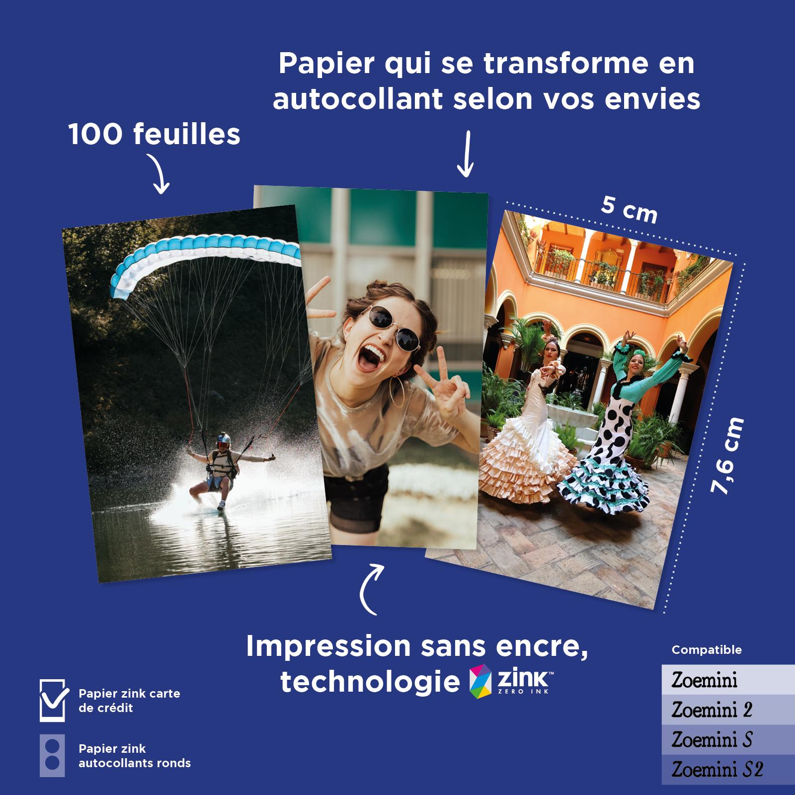 Voir la diapositive 2 : CANON Pack papier photo Zoemini 100 feuilles - Blanc
