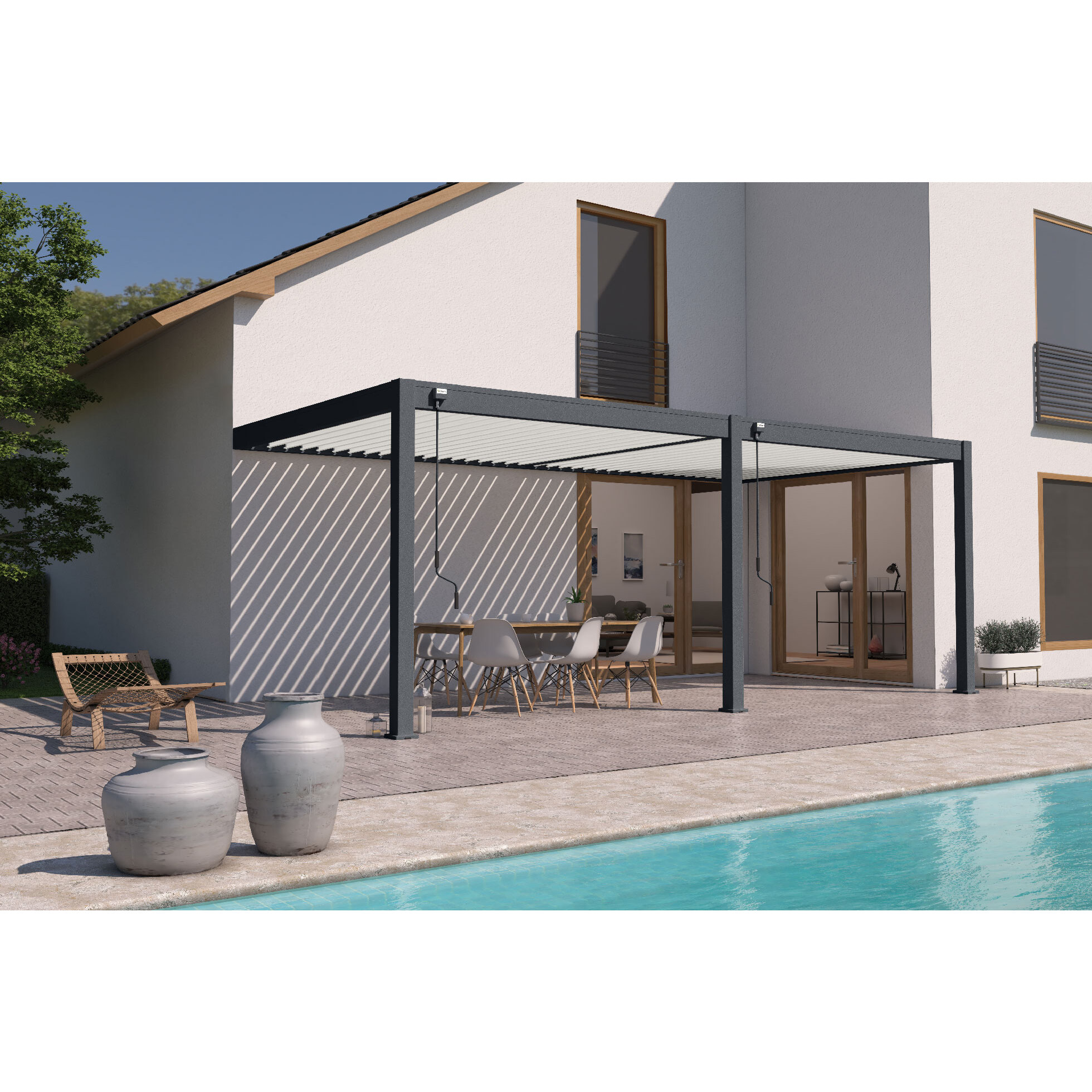 Voir la diapositive 2 : OMBREA Pergola Bioclimatique adossée 3x6 m - Aluminium - Anthracite / Blanc - VS OMBREA®