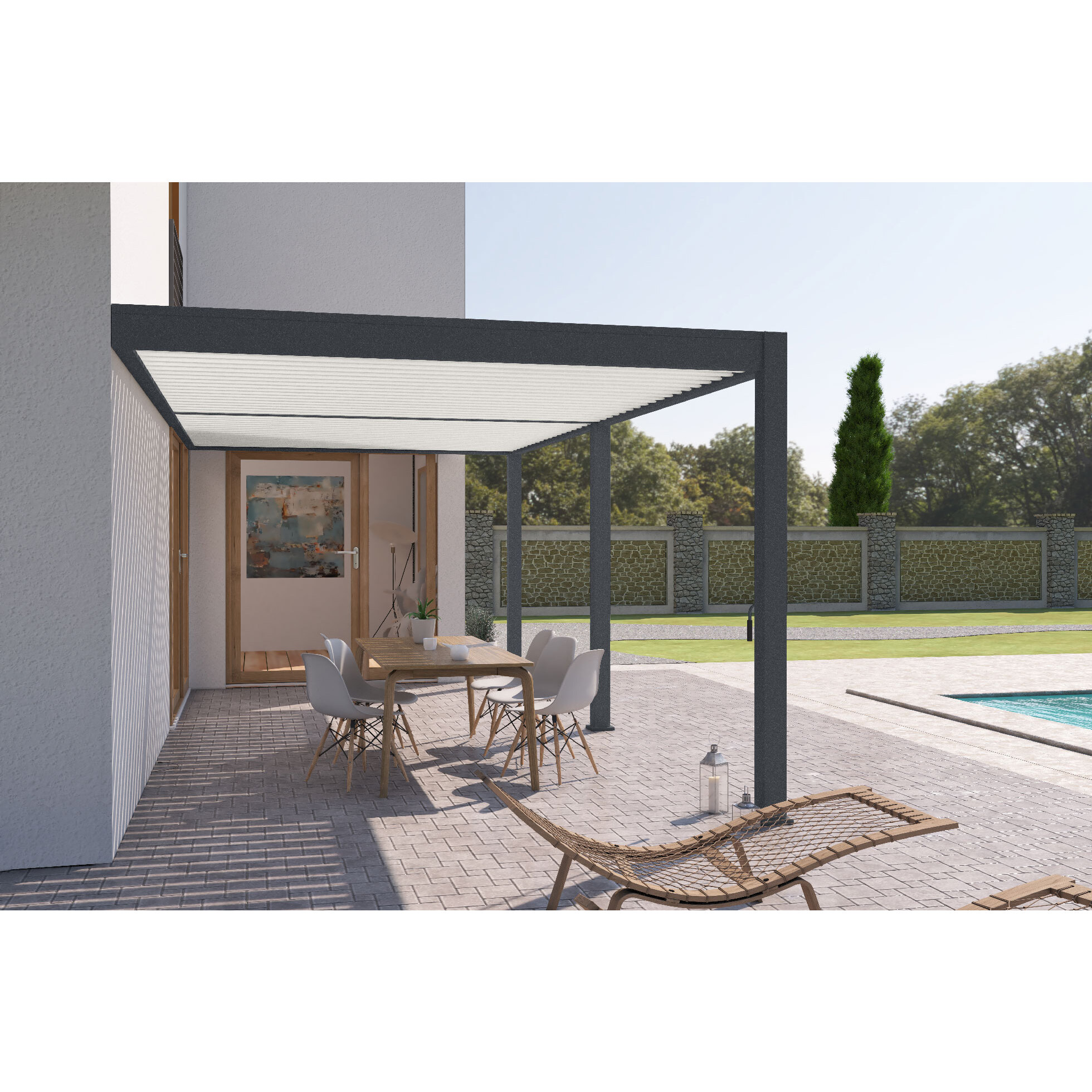 Voir la diapositive 3 : OMBREA Pergola Bioclimatique adossée 3x6 m - Aluminium - Anthracite / Blanc - VS OMBREA®