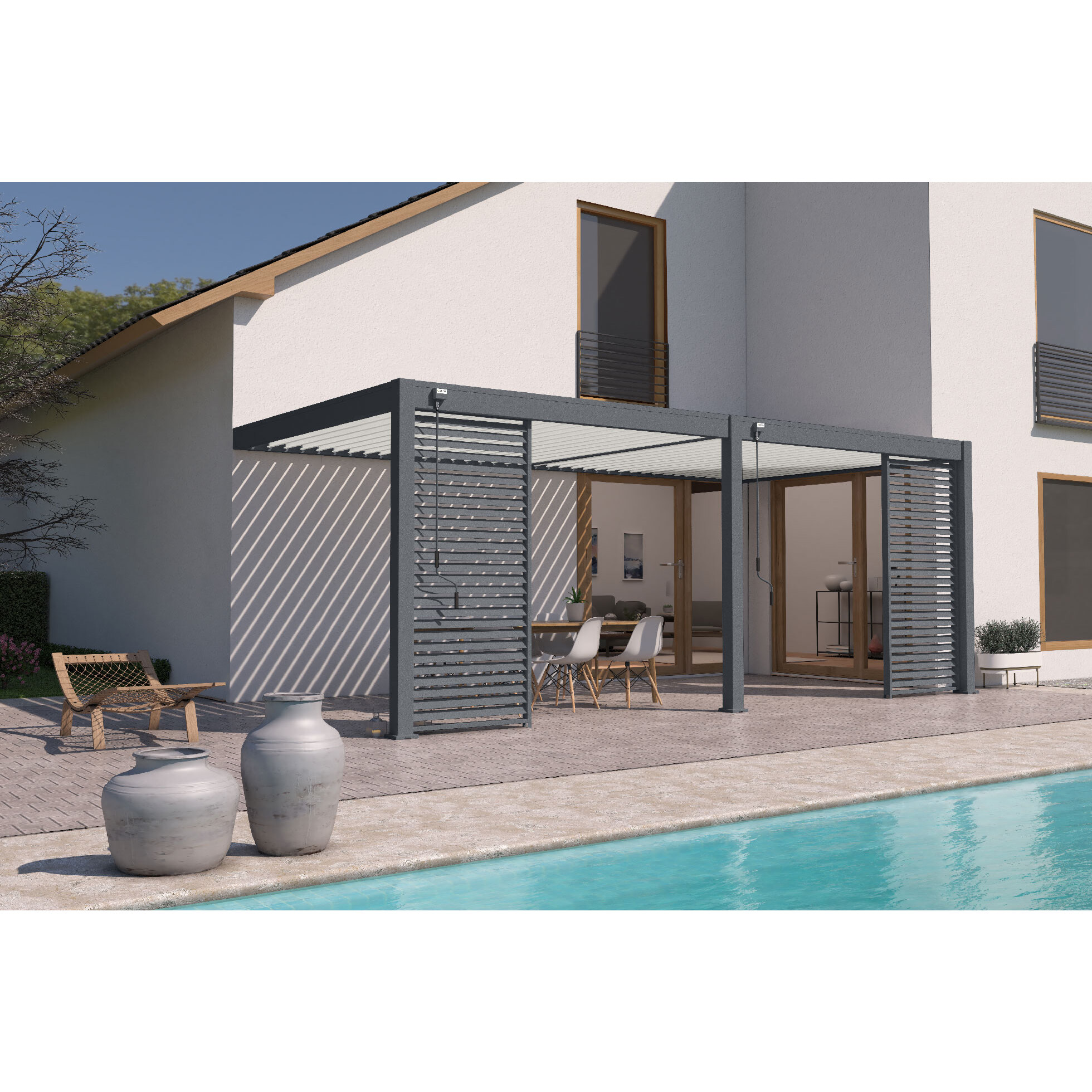 Voir la diapositive 4 : OMBREA Pergola Bioclimatique adossée 3x6 m - Aluminium - Anthracite / Blanc - VS OMBREA®
