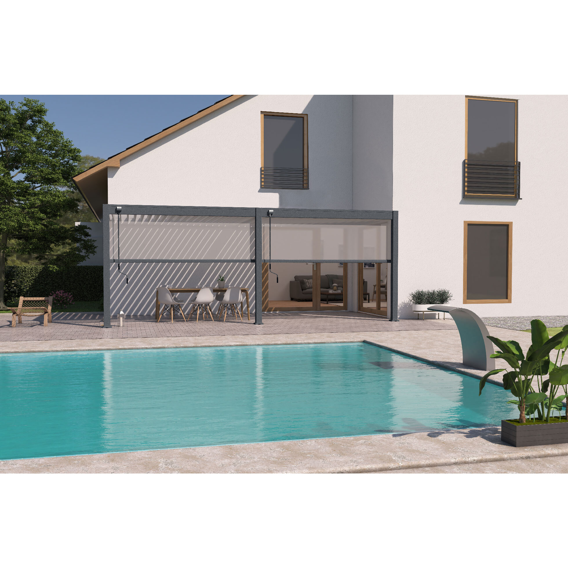 Voir la diapositive 6 : OMBREA Pergola Bioclimatique adossée 3x6 m - Aluminium - Anthracite / Blanc - VS OMBREA®