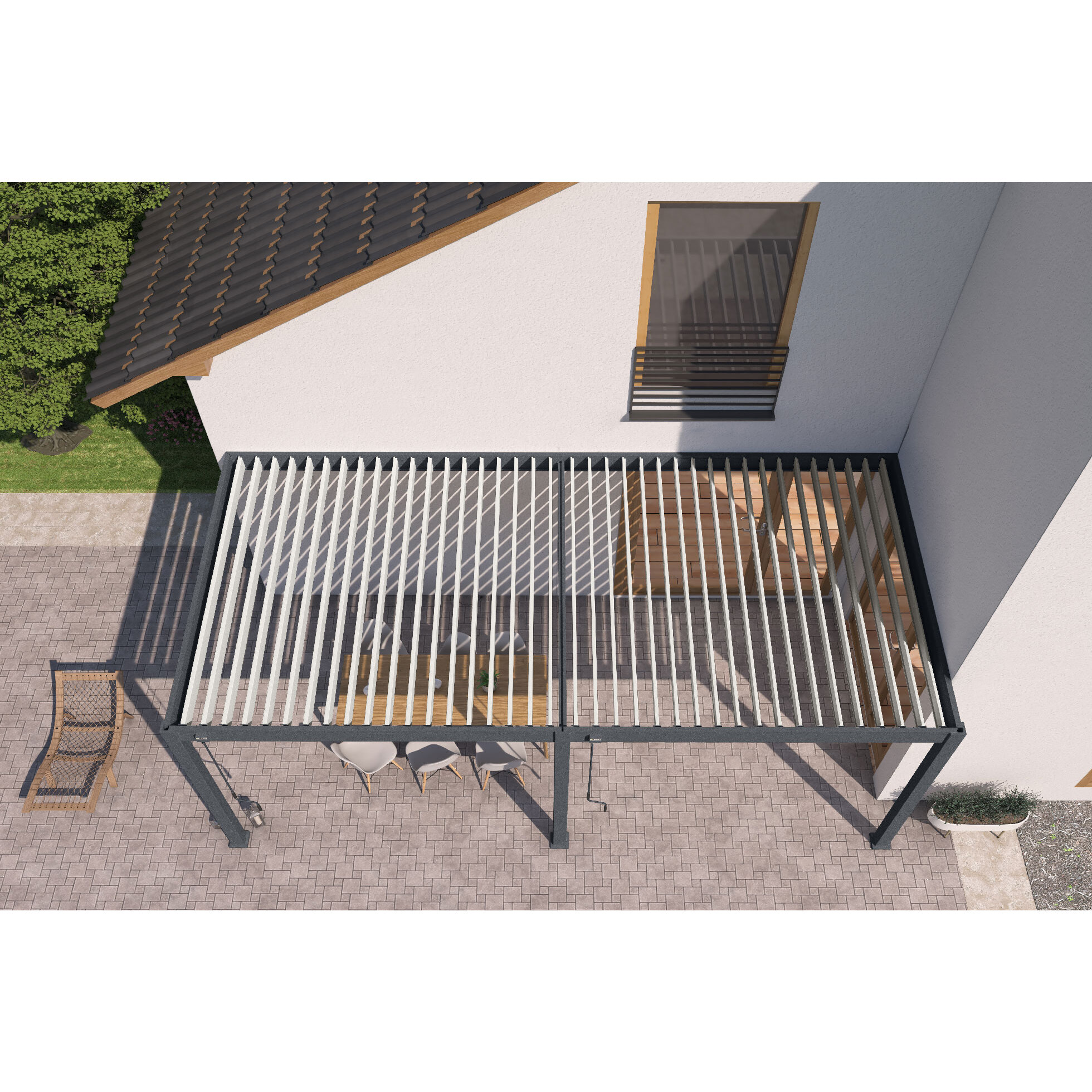 Voir la diapositive 7 : OMBREA Pergola Bioclimatique adossée 3x6 m - Aluminium - Anthracite / Blanc - VS OMBREA®