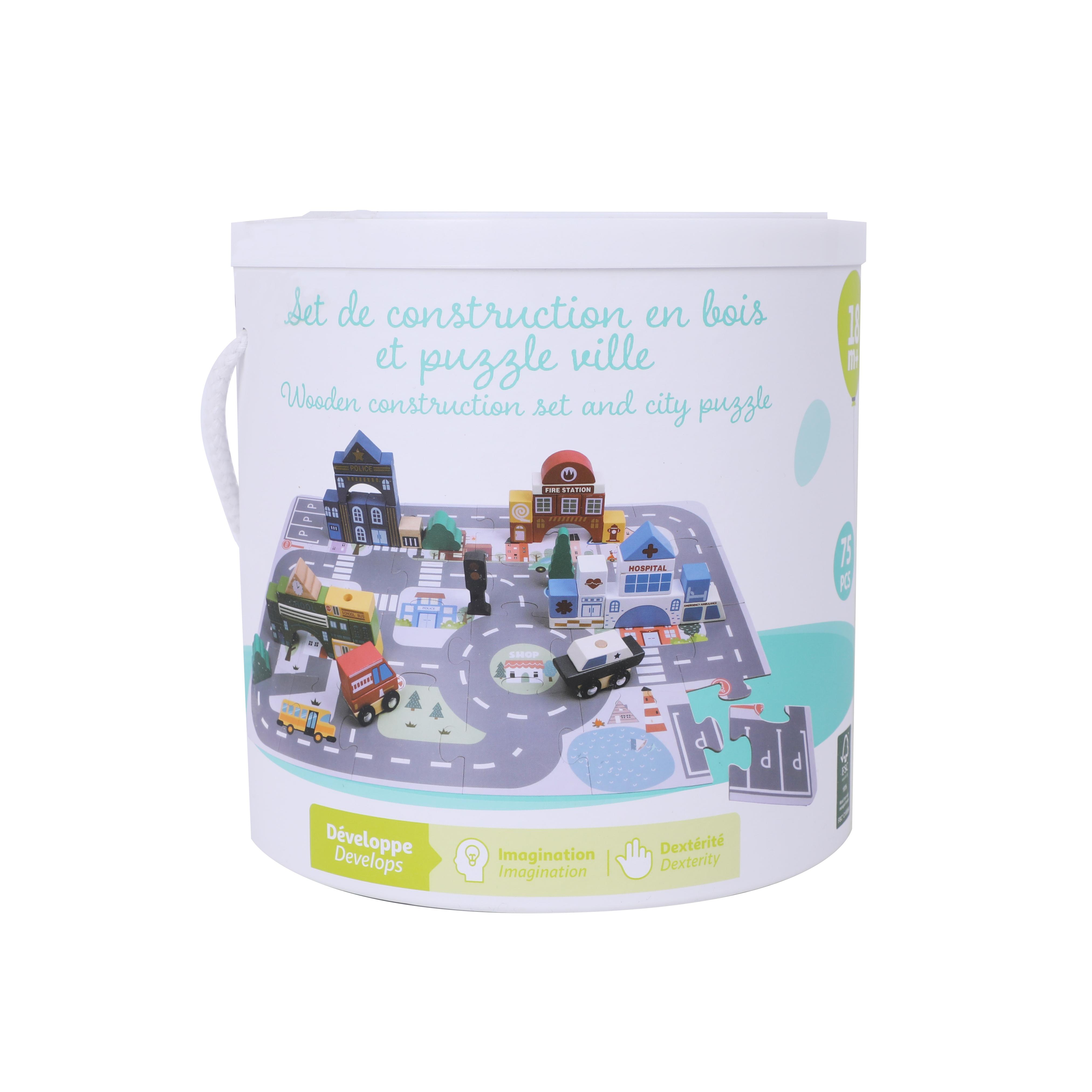 ONE TWO FUN Set de construction en bois et puzzle ville