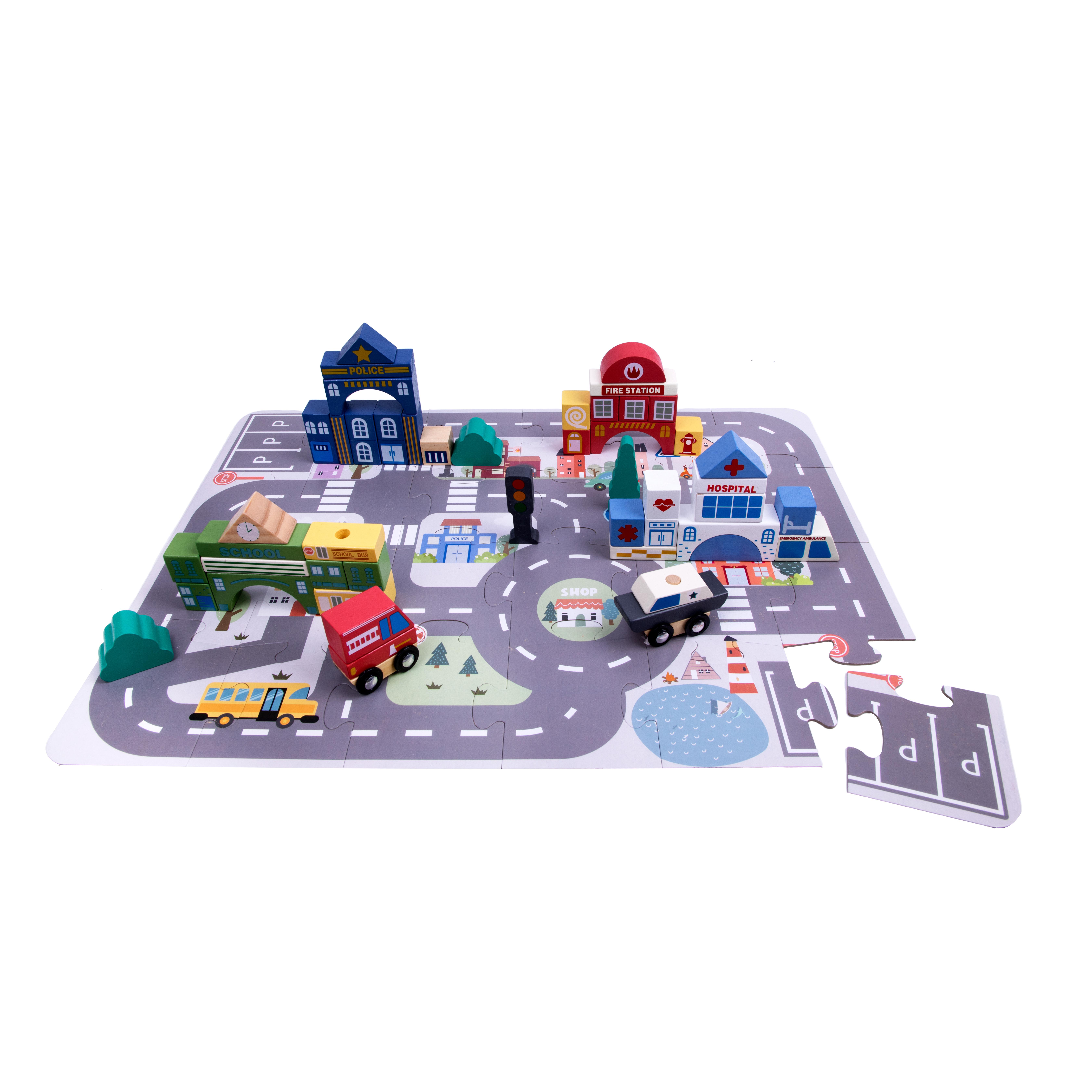 Voir la diapositive 2 : ONE TWO FUN Set de construction en bois et puzzle ville