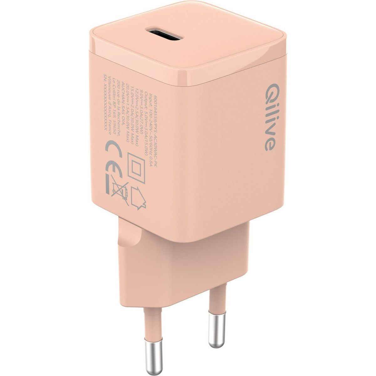 QILIVE Chargeur rapide USB C 30W - Rose