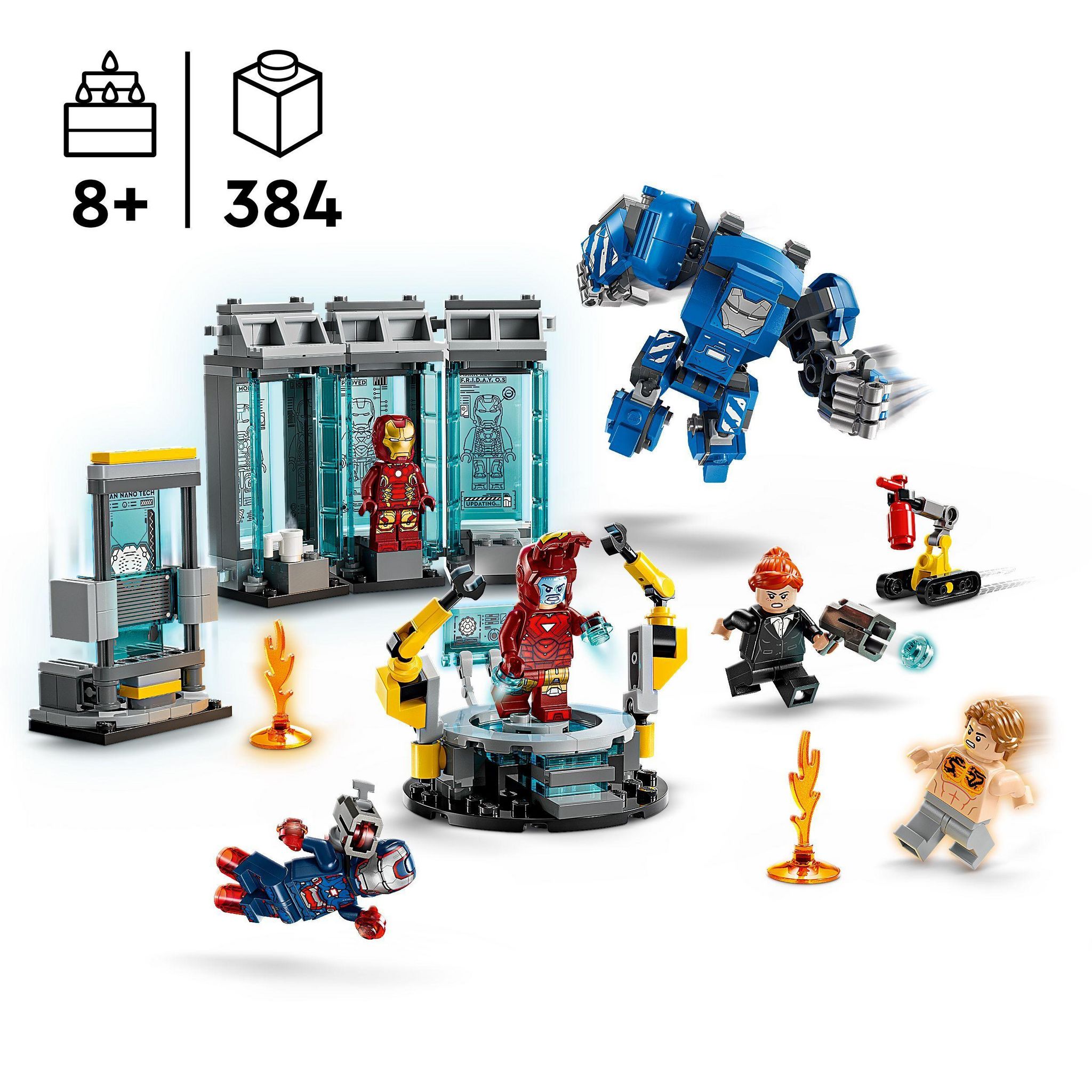 Voir la diapositive 3 : LEGO Marvel 76315 Le Laboratoire d’Iron Man : la Salle des Armures - Jouet garçon, 8 ans