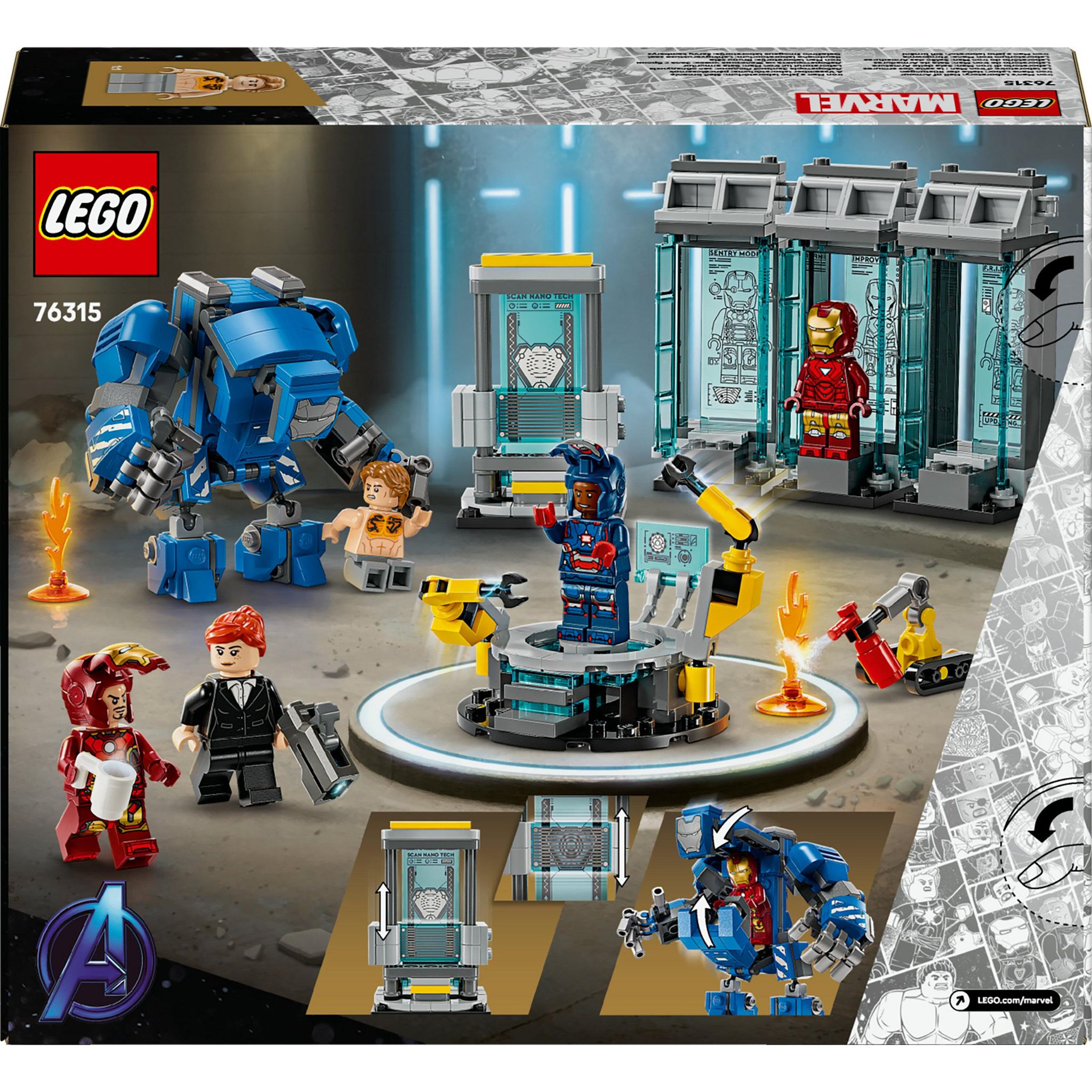 Voir la diapositive 8 : LEGO Marvel 76315 Le Laboratoire d’Iron Man : la Salle des Armures - Jouet garçon, 8 ans