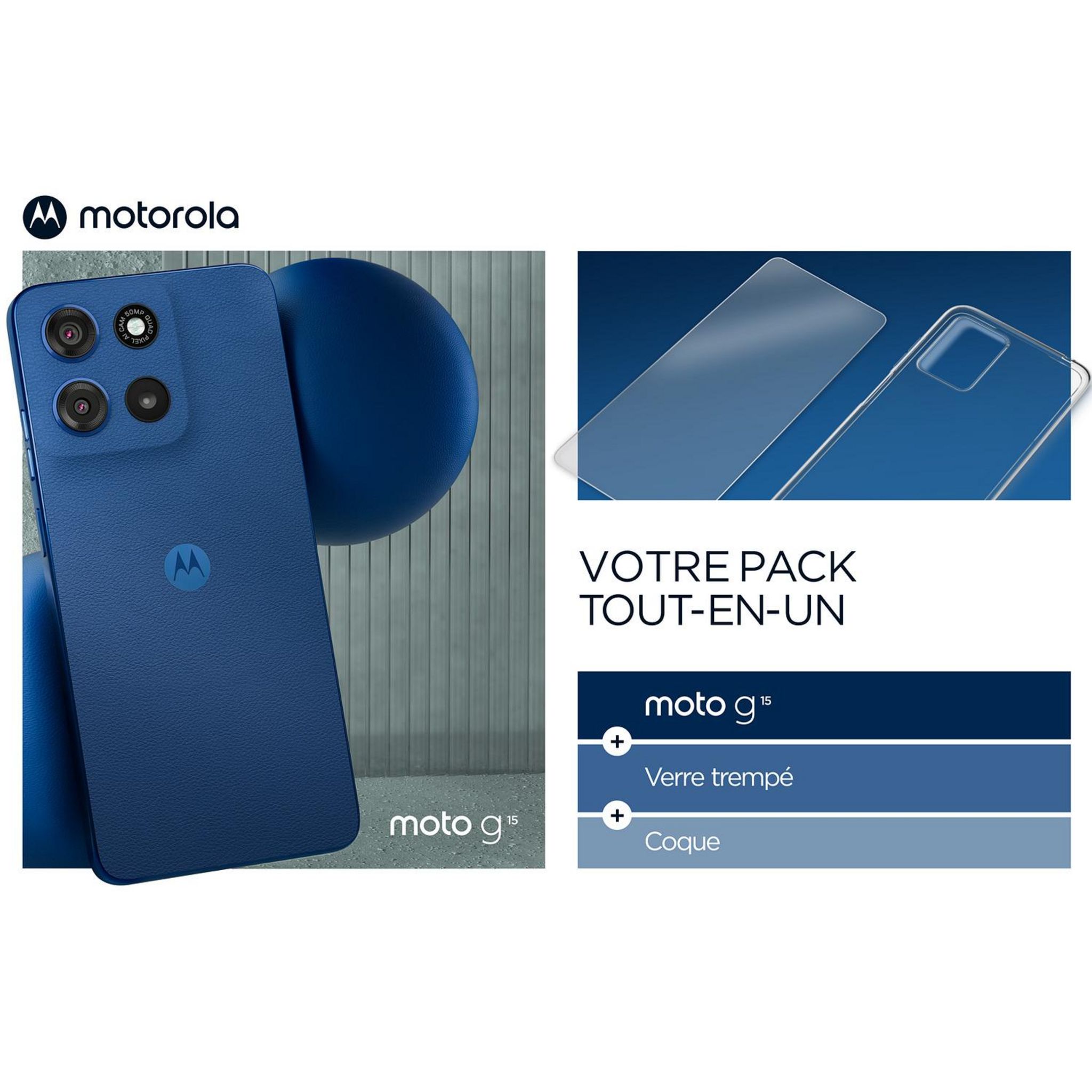 Voir la diapositive 3 : MOTOROLA Pack G15 4GO de RAM 128Go+Coque+Verre trempé