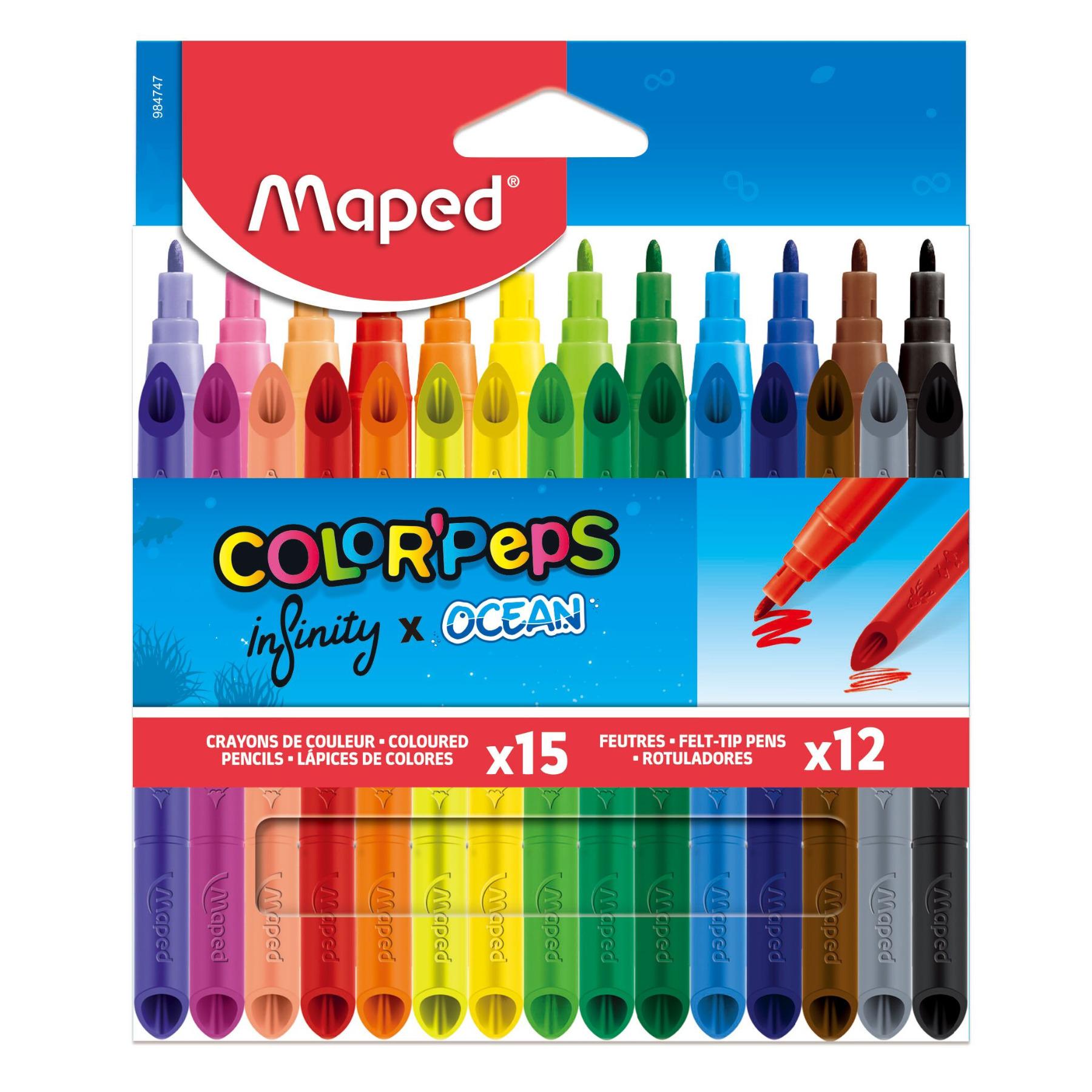 MAPED Pochette de 15 crayons de couleur infinity + 12 feutres Ocean Color'Peps