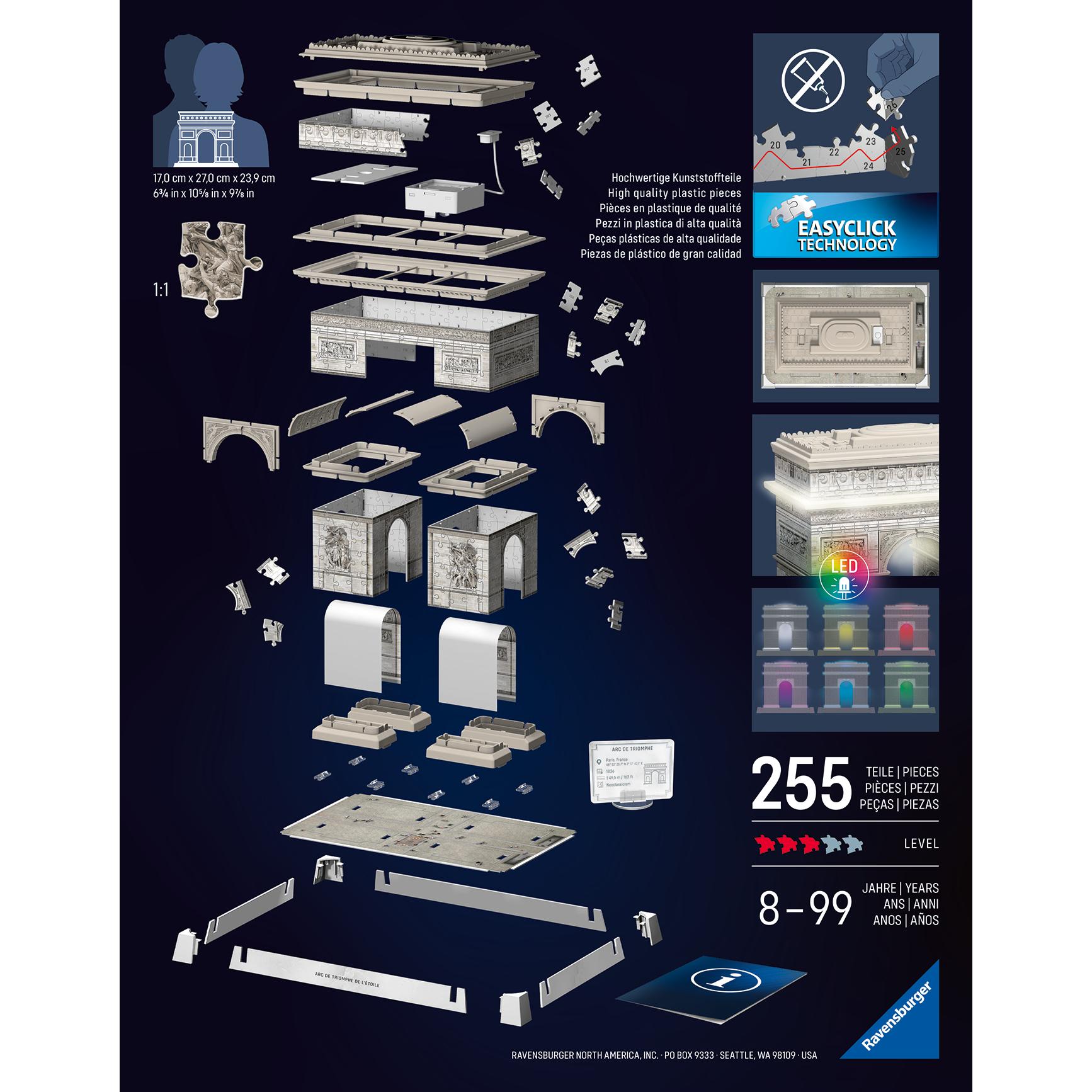 Voir la diapositive 2 : RAVENSBURGER Puzzle 3D 216 pièces Arc de Triomphe illuminé