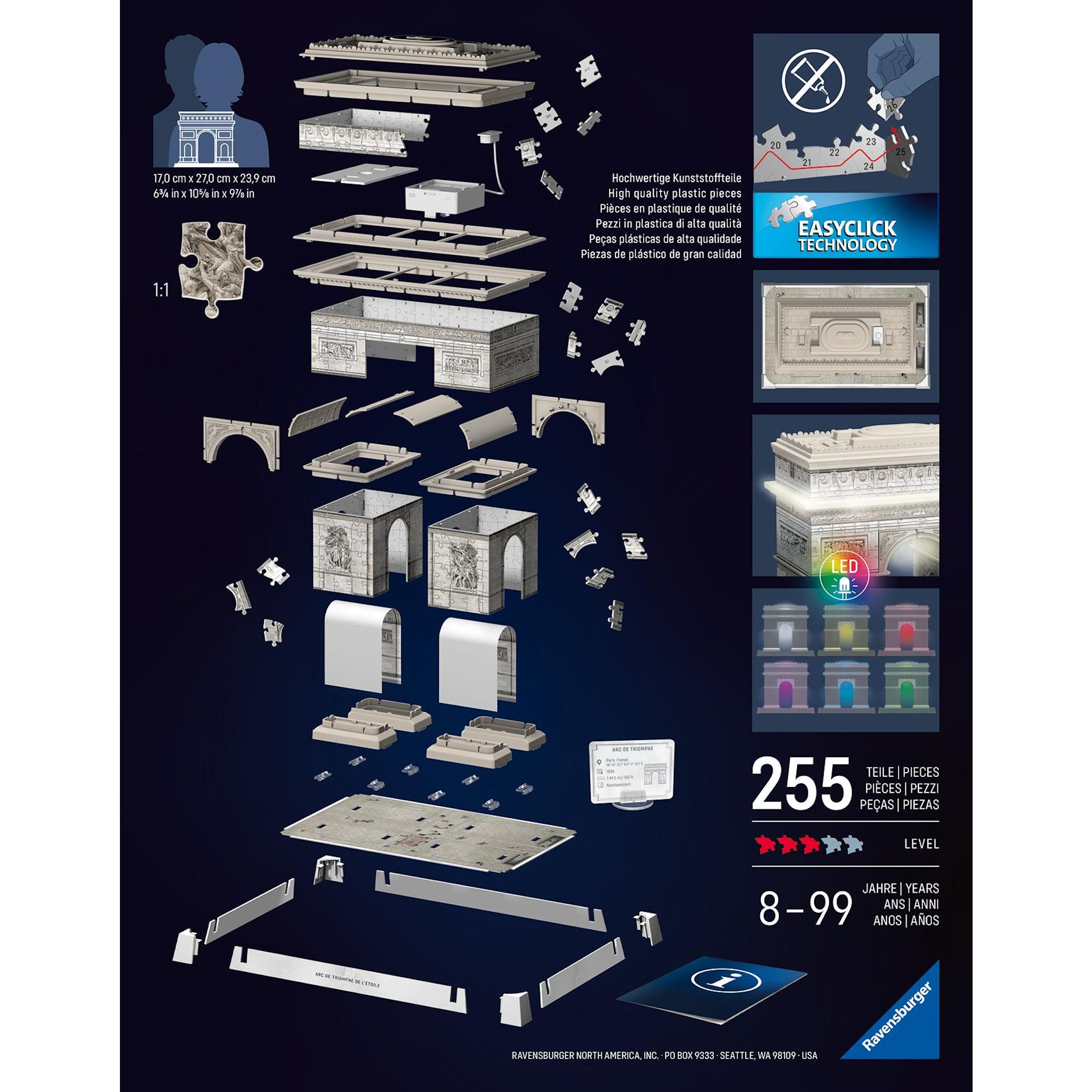 Voir la diapositive 2 : RAVENSBURGER Puzzle 3D 216 pièces Arc de Triomphe illuminé