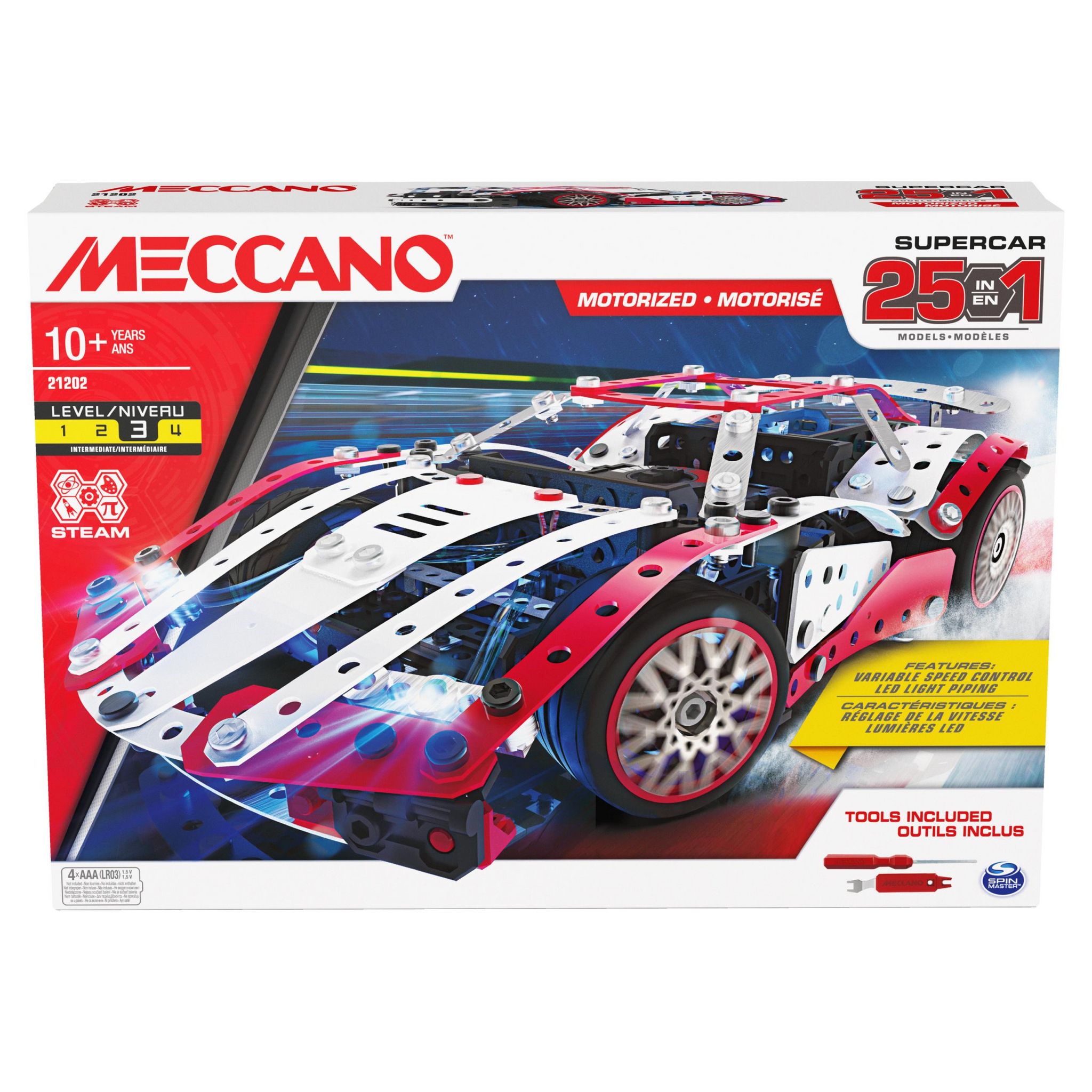 BANDAI Meccano 21202 - Voiture Supercar motorisé 25 en 1 - Niveau 3 -