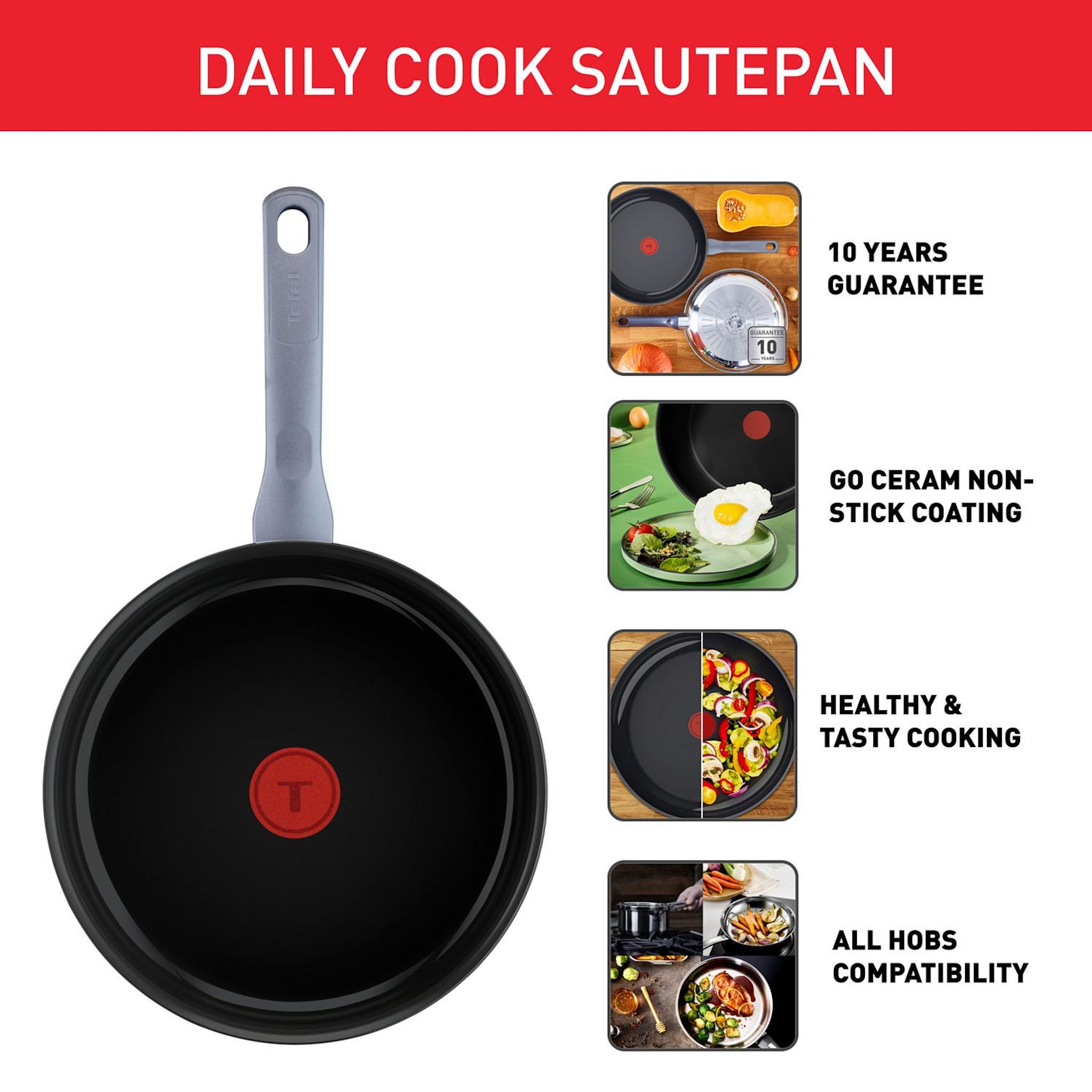 Voir la diapositive 2 : TEFAL Sauteuse 24cm revêtement céramique Daily Cook tous feux dont induction