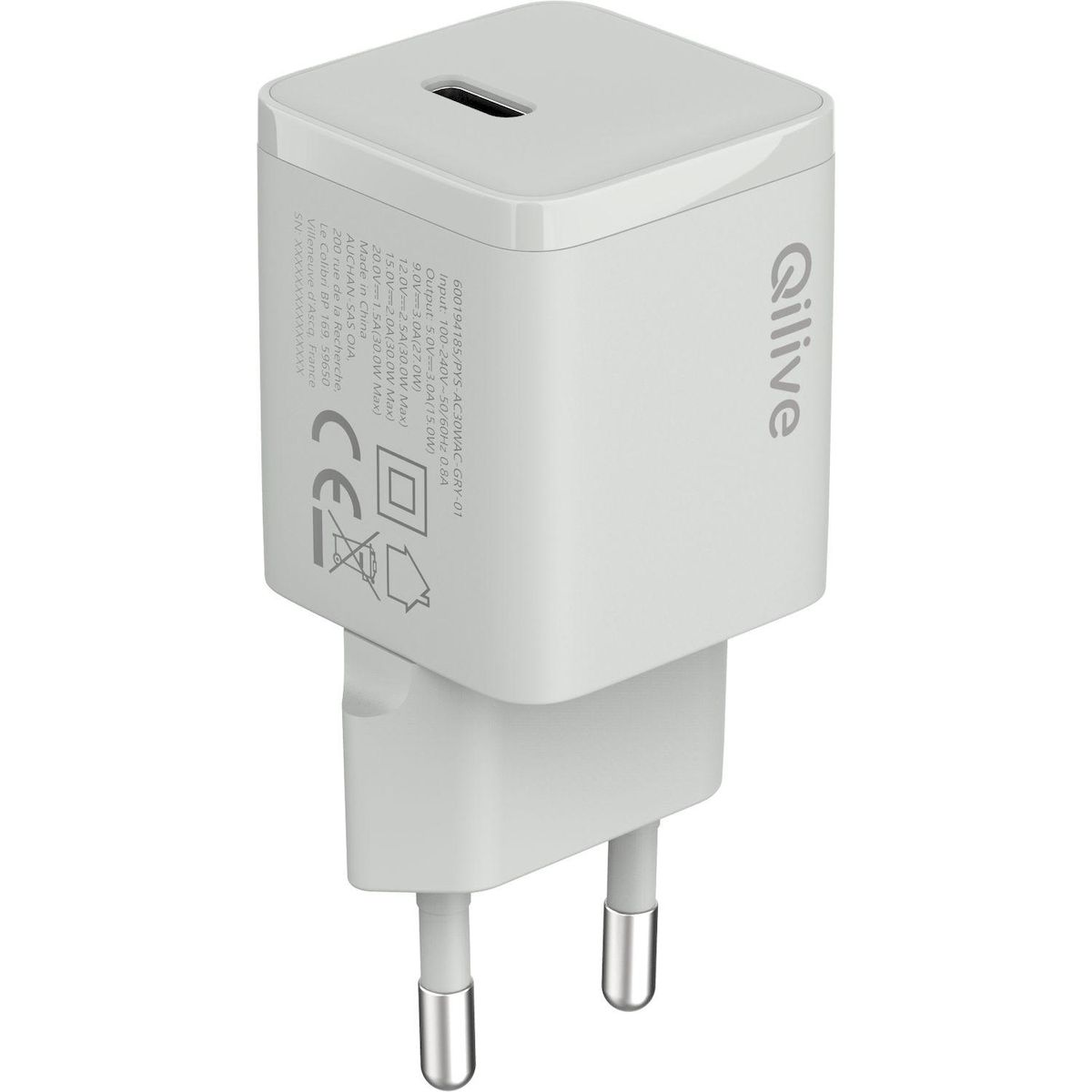 QILIVE Chargeur USB C 30W - Gris