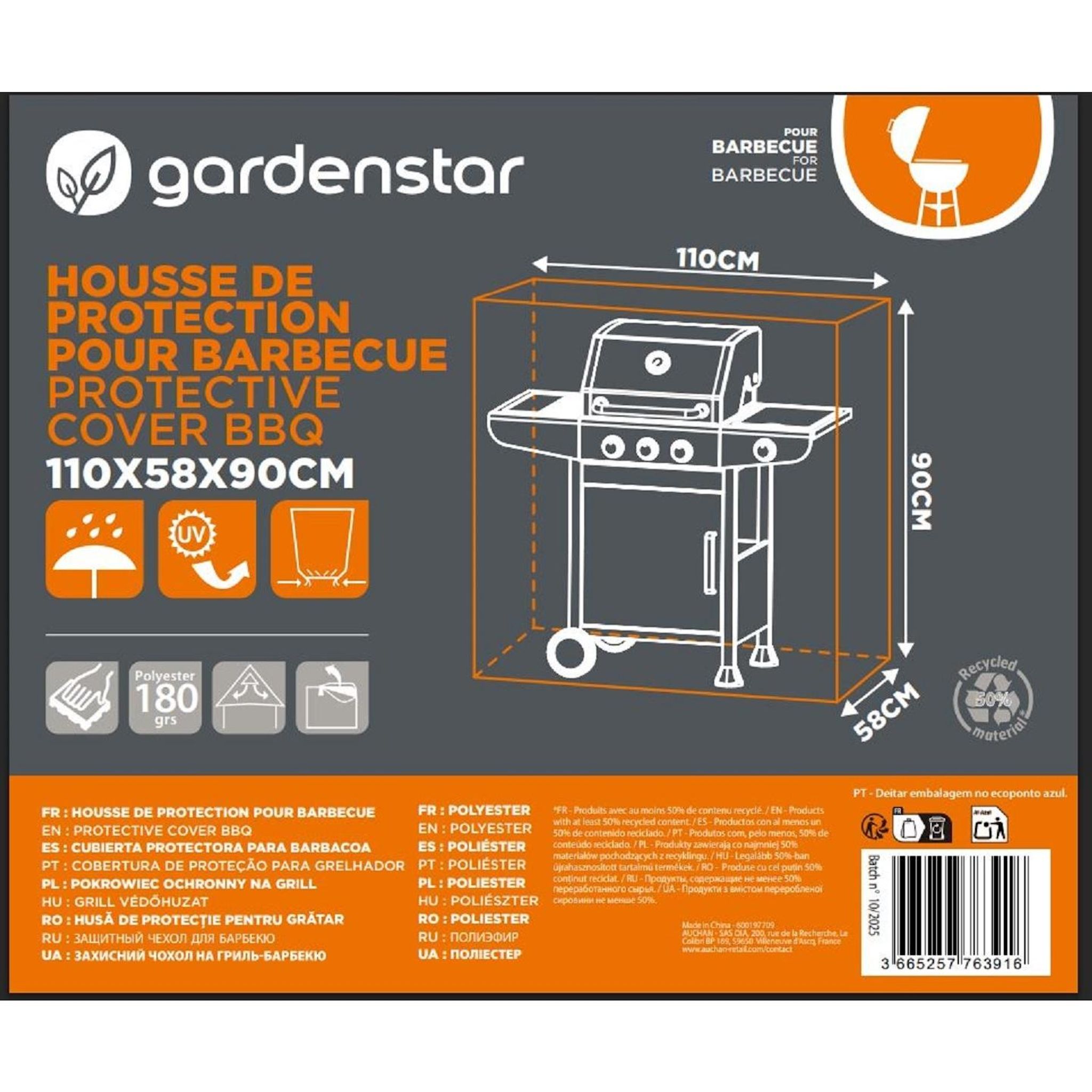 Voir la diapositive 2 : GARDENSTAR Housse de protection barbecue rectangulaire M 110x58x90 cm