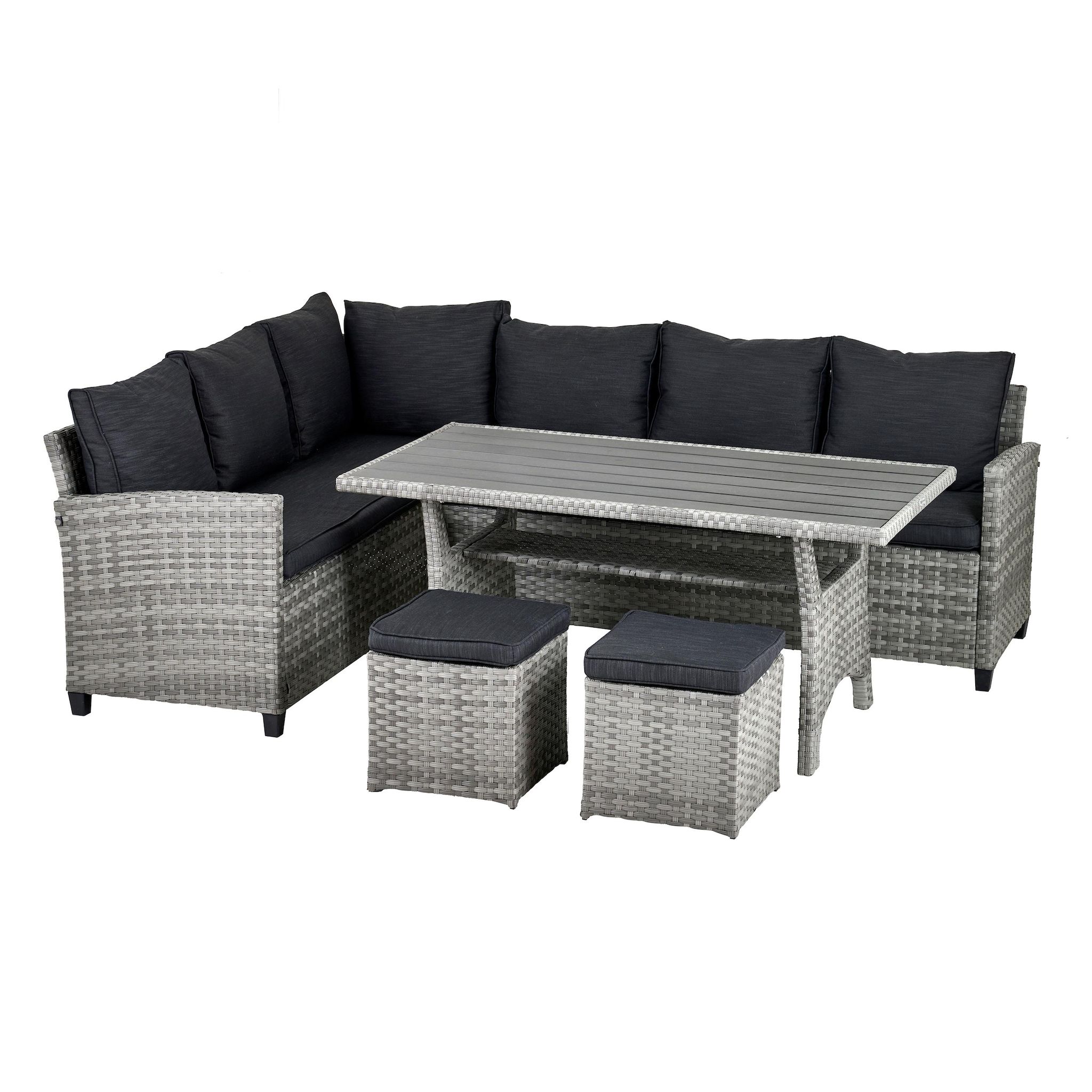 Voir la diapositive 2 : GARDENSTAR Salon Cancun : 1 table haute + 1 canapé d'angle + 2 poufs