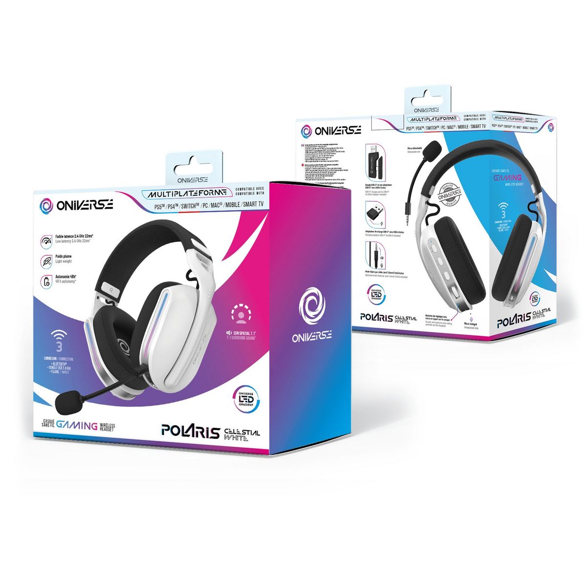 ONIVERSE Casque Sans Fil Gaming Polaris Céleste Blanc Multiplateforme