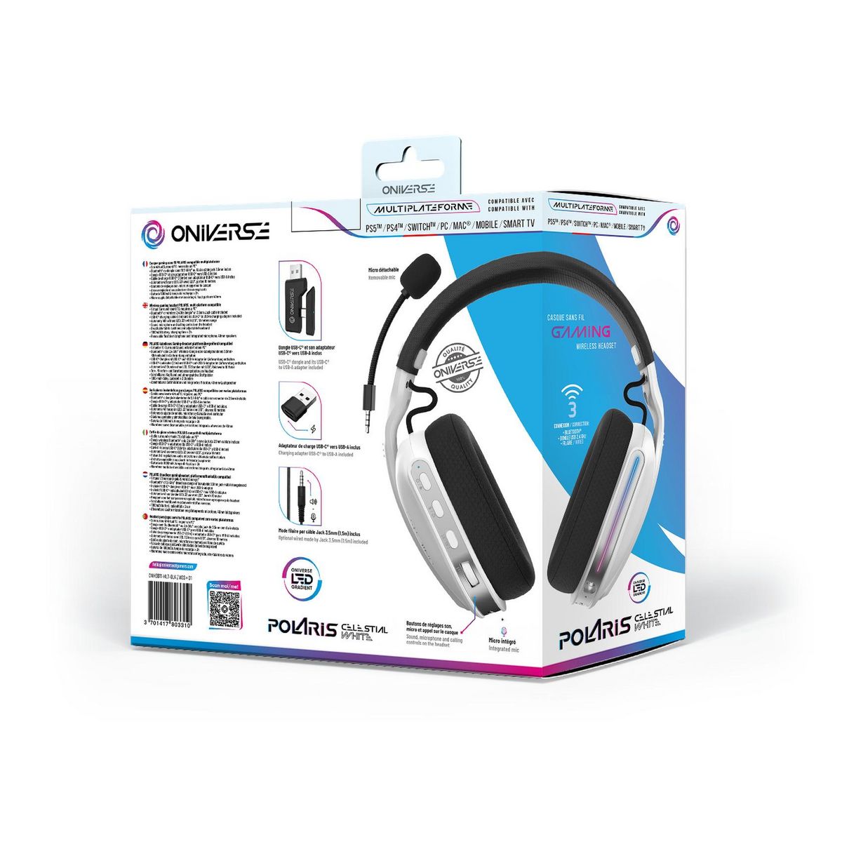 ONIVERSE Casque Sans Fil Gaming Polaris Céleste Blanc Multiplateforme