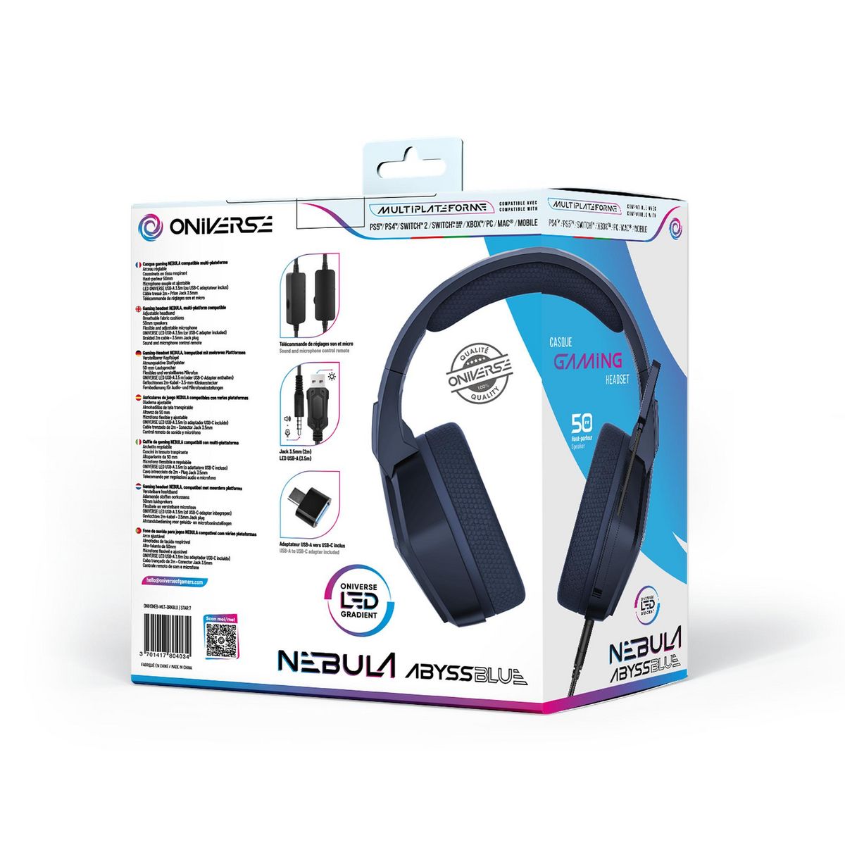 ONIVERSE Casque Gaming LED Nebula Bleu Abysse Multiplateforme