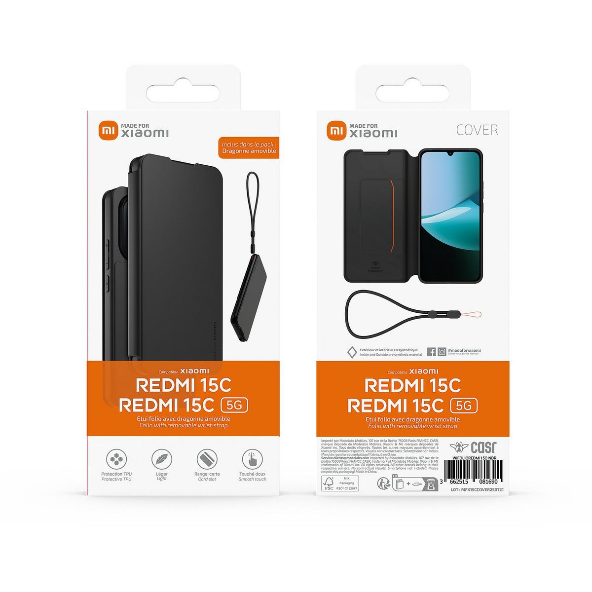 XIAOMI Étui folio Noir+Dragonne poru Redmi 15C