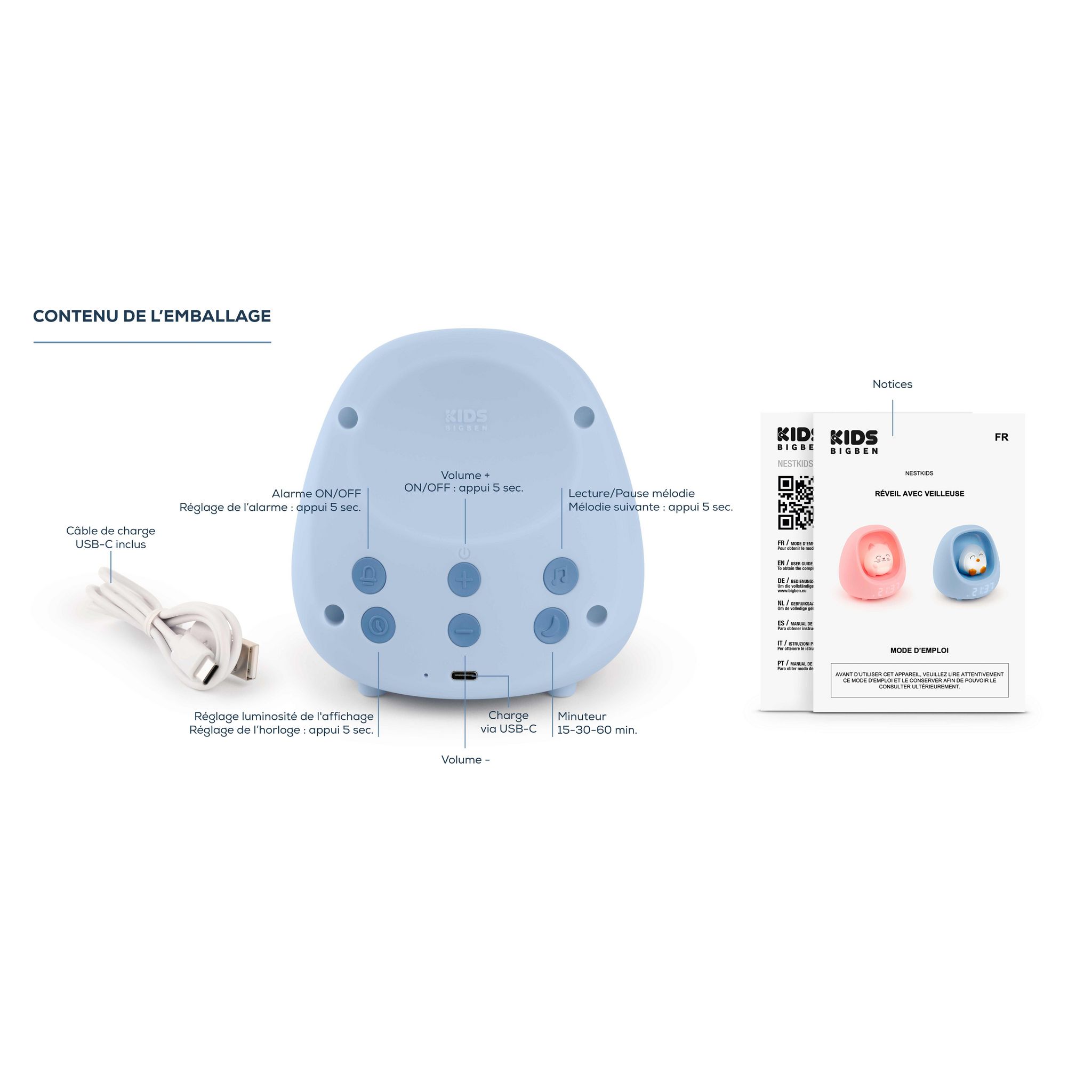 Voir la diapositive 5 : BIGBEN Réveil et Veilleuse NestKids - Pingouin bleu