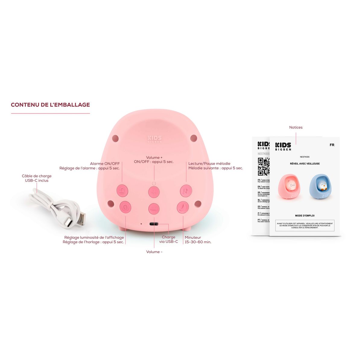 BIGBEN Réveil et Veilleuse NestKids - Chat rose