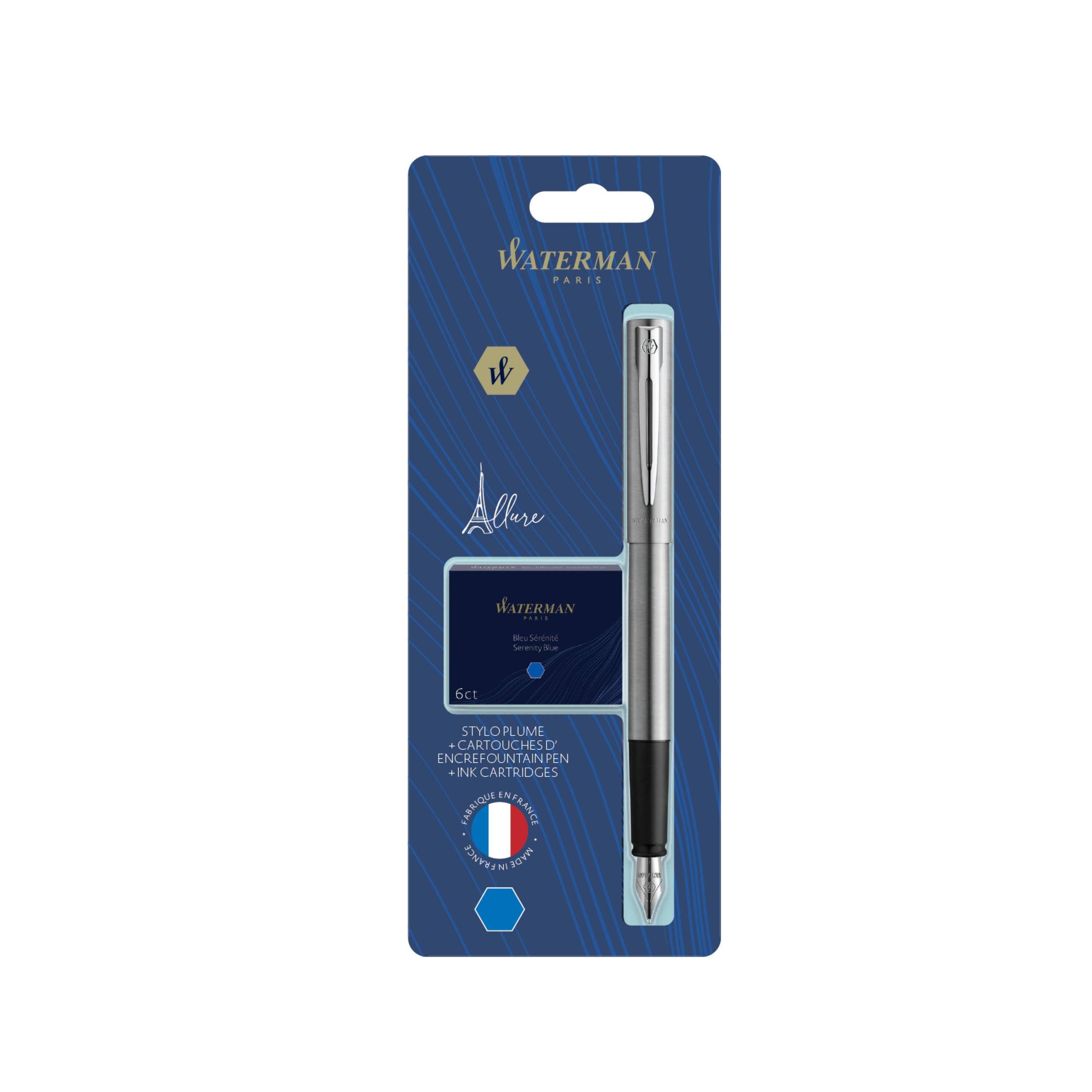 Stylo plume allure chrome pointe fine + 6 cartouches d'encre bleu Waterman