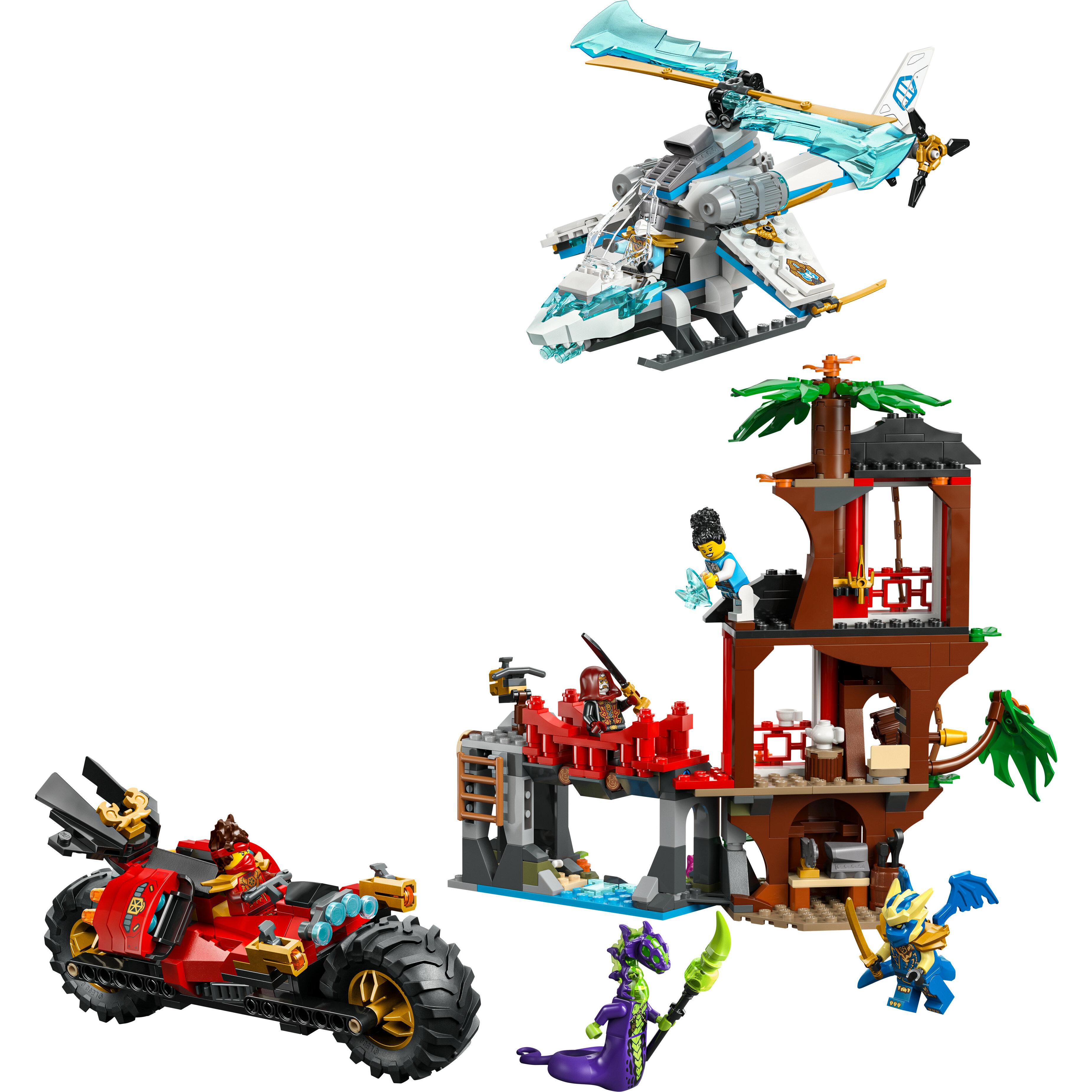 Voir la diapositive 2 : LEGO Ninjago 71857 - La cabane et les véhicules des ninjas