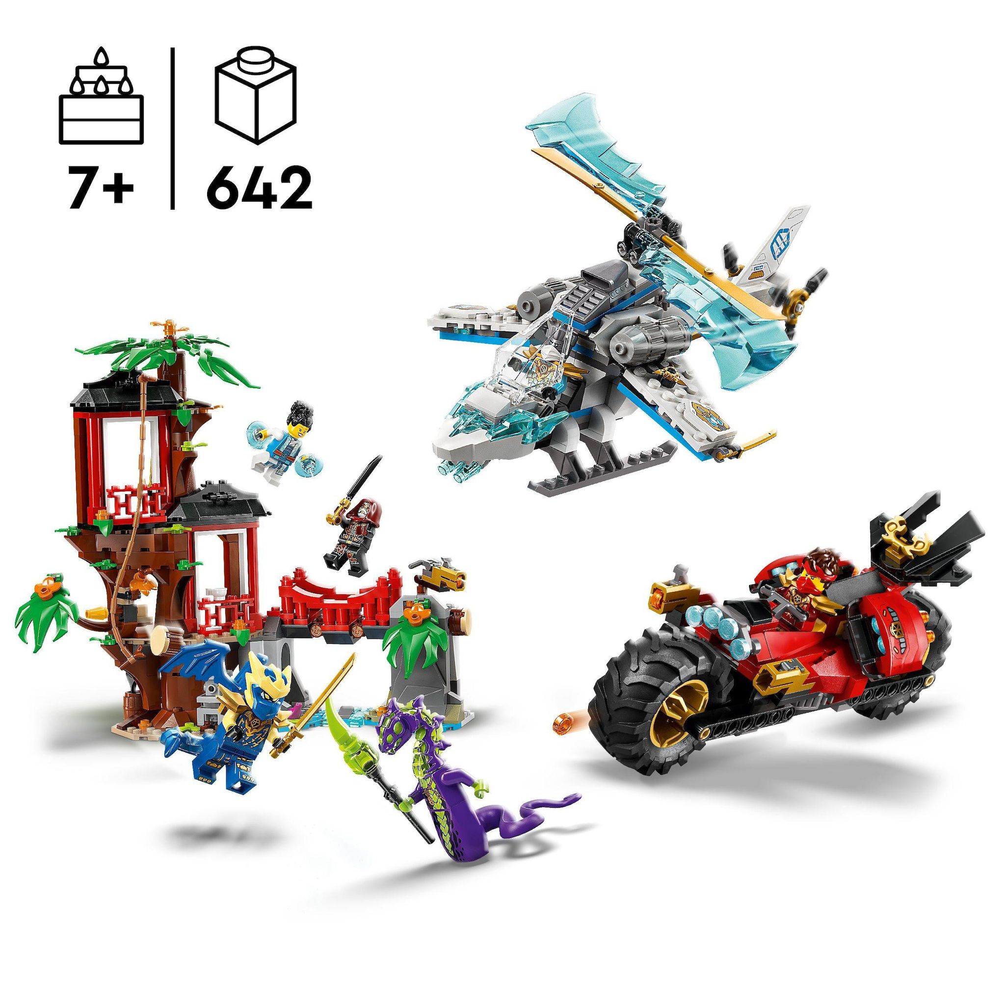 Voir la diapositive 3 : LEGO Ninjago 71857 - La cabane et les véhicules des ninjas