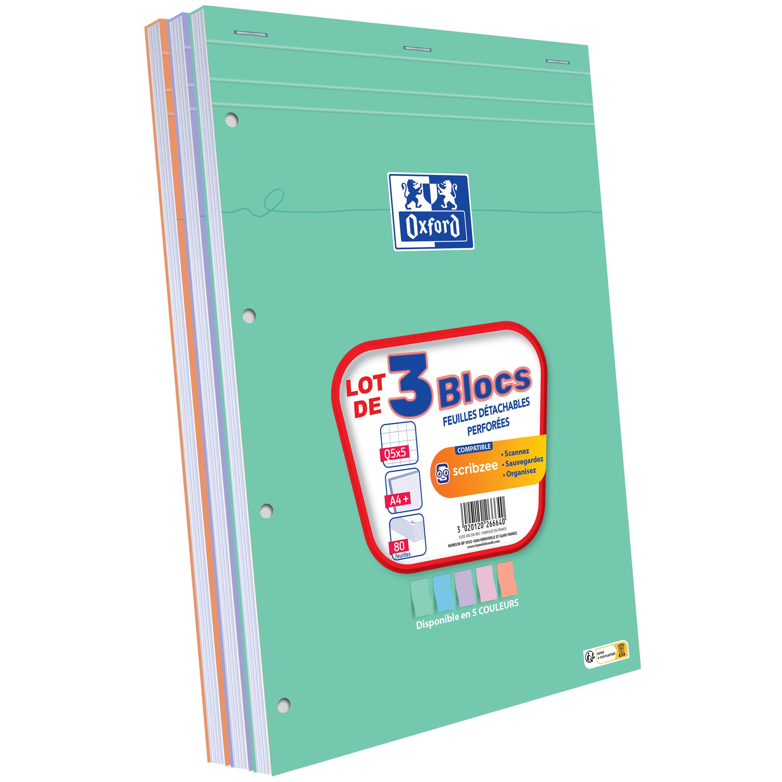 HAMELIN Lot de 3 blocs feuilles détachables perforées petits carreaux 5x5