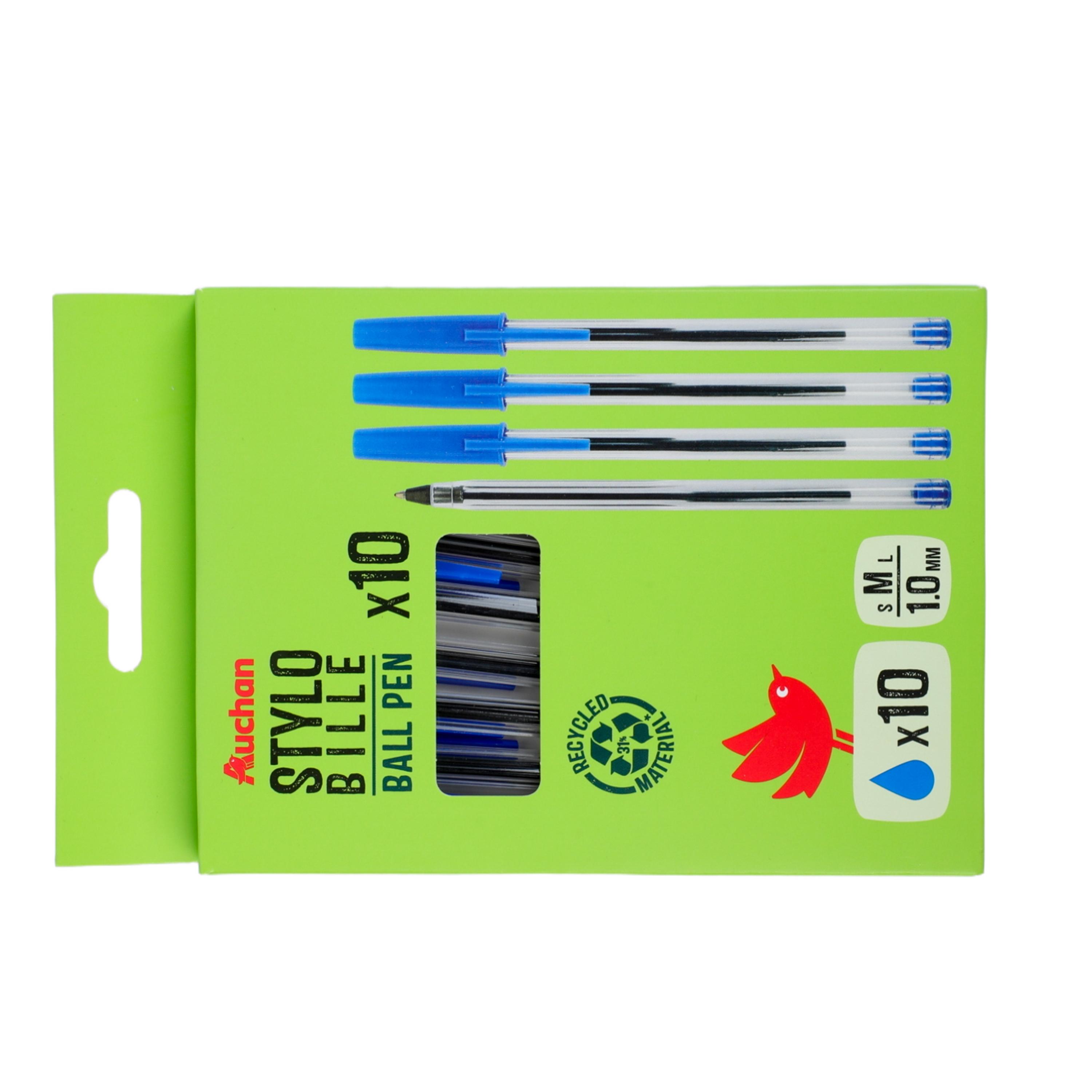 AUCHAN Stylos Bille x10 Pointe Moyenne Corps recyclé - Bleu