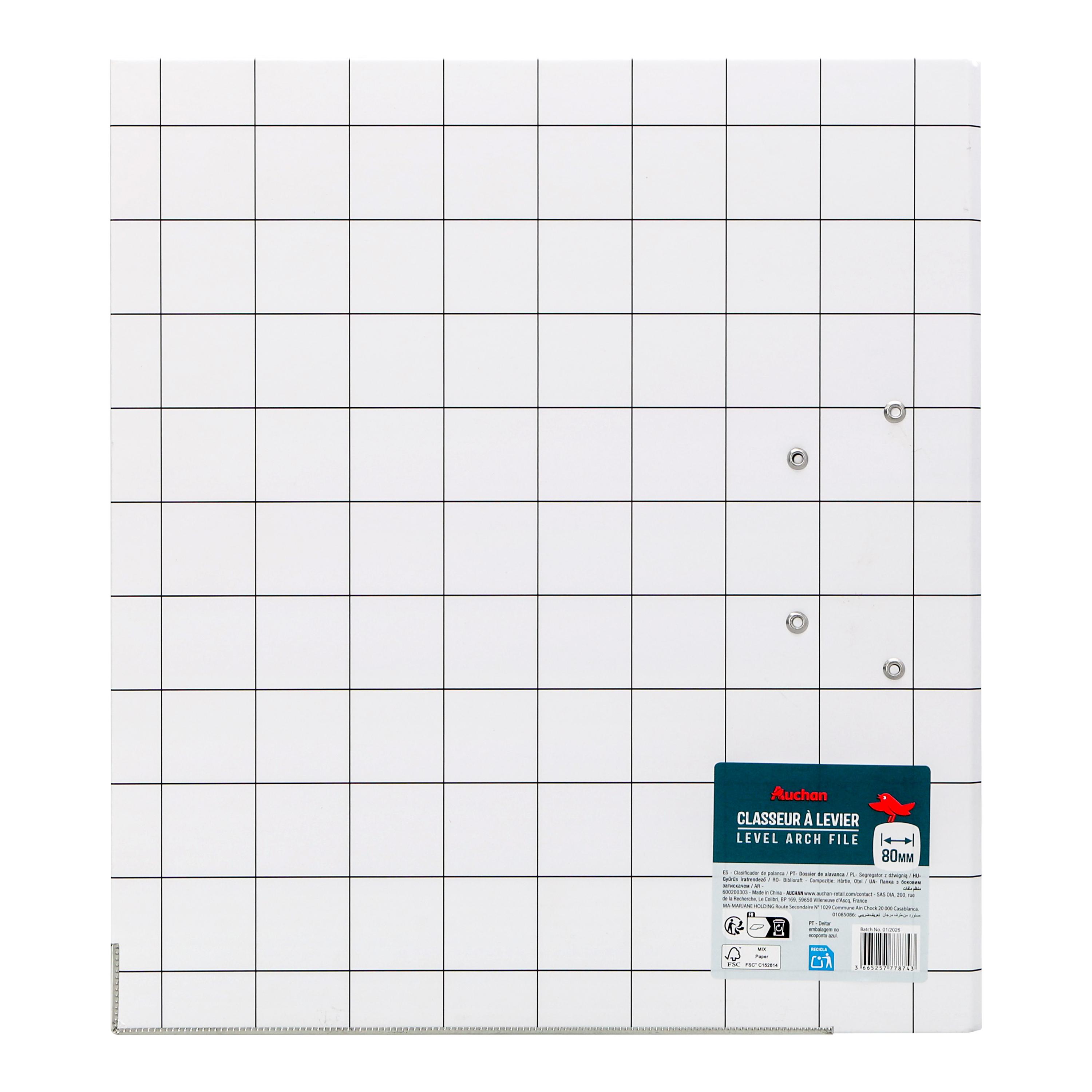 Voir la diapositive 2 : AUCHAN Classeur à levier DOS 80mm Motif Quadrillé