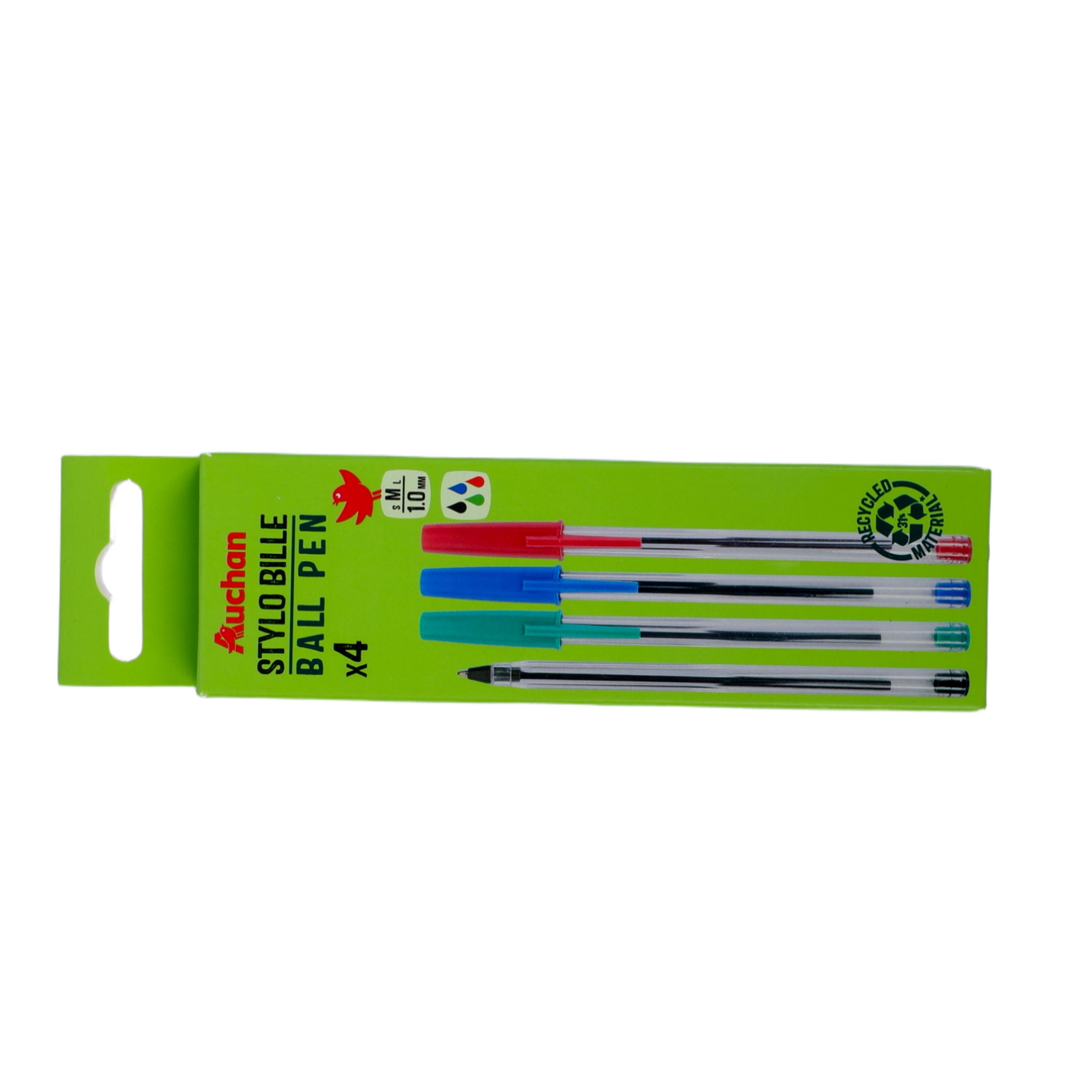 AUCHAN Stylos Bille Pointe Moyenne corps recyclé - Vert / Bleu / Rouge / Noir