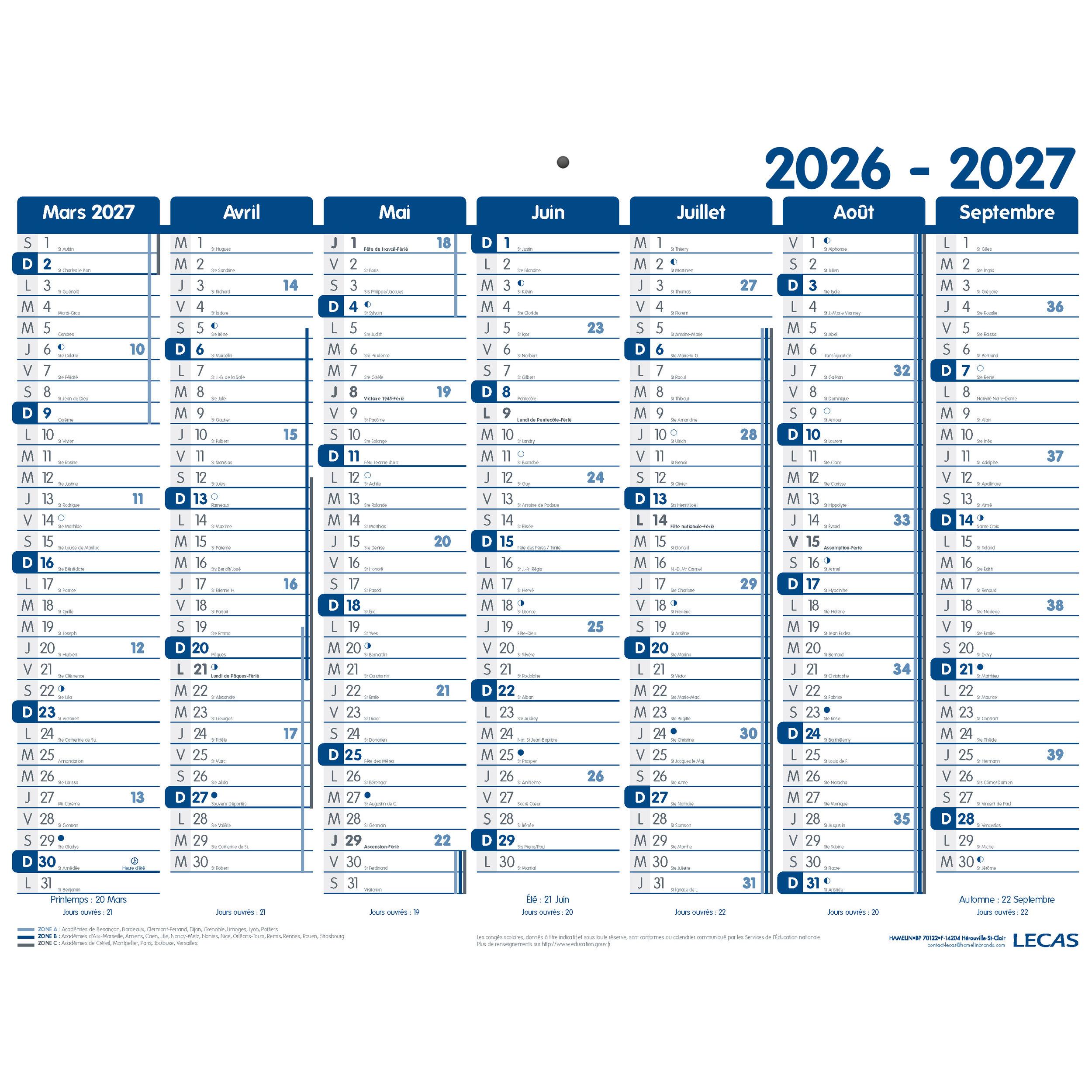 HAMELIN Calendrier Lecas 1an/2 faces