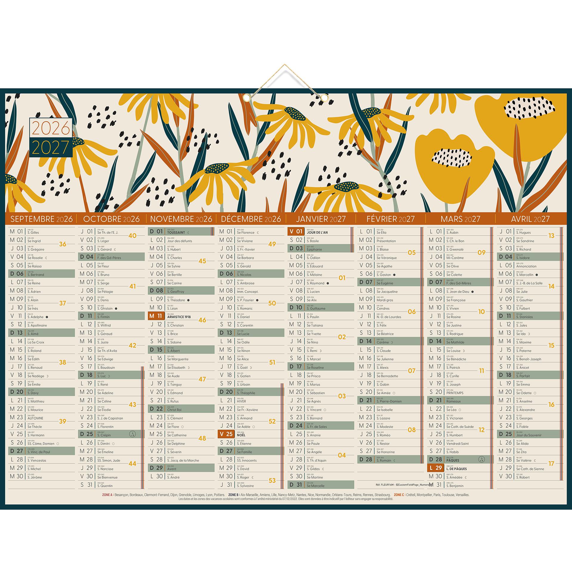 Calendrier illustré 16 mois 40.5x55cm - Grille de 8 mois