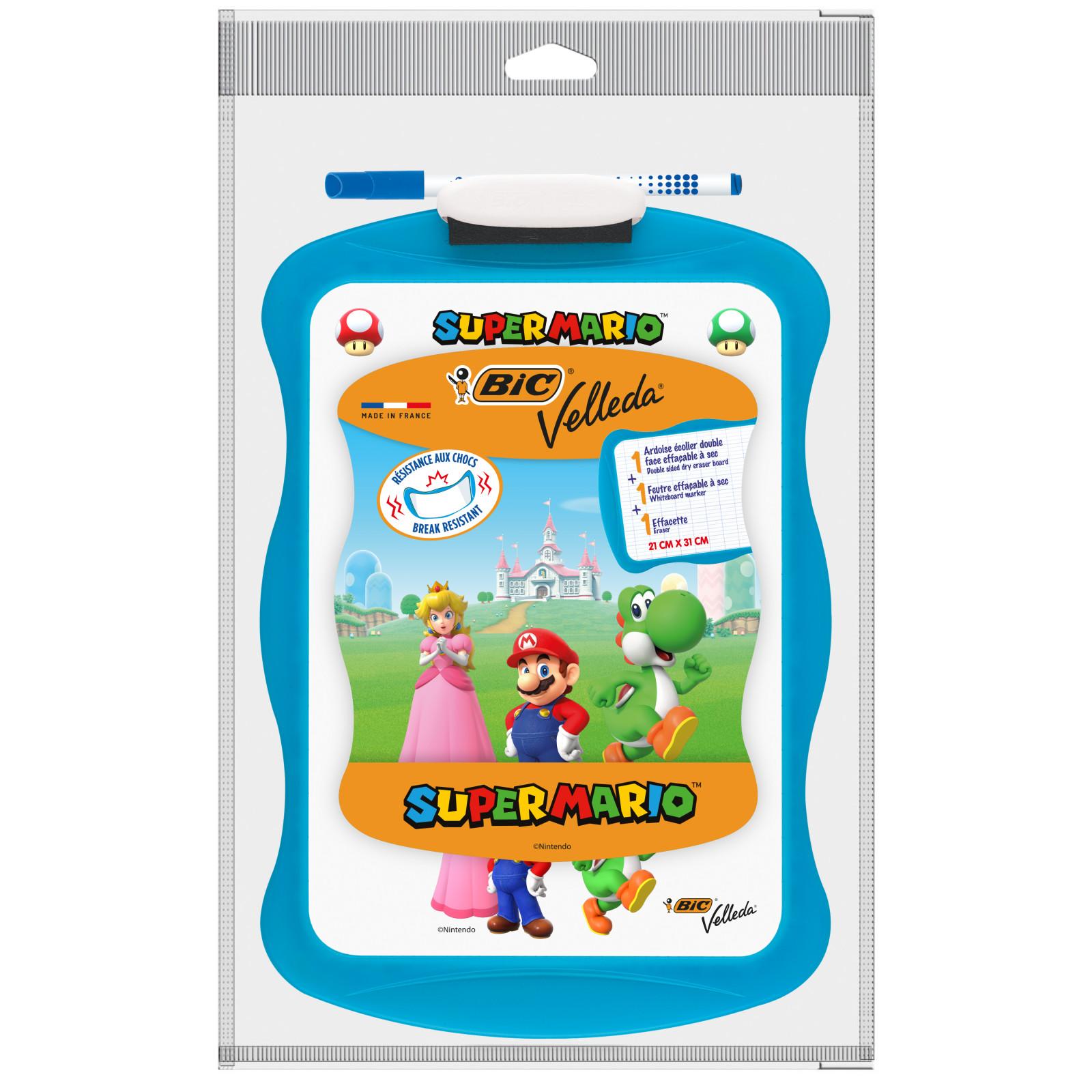 BIC Lot 1 ardoise + 1 feutre effaçable + 1 effacette Velleda Super Mario 20x30cm