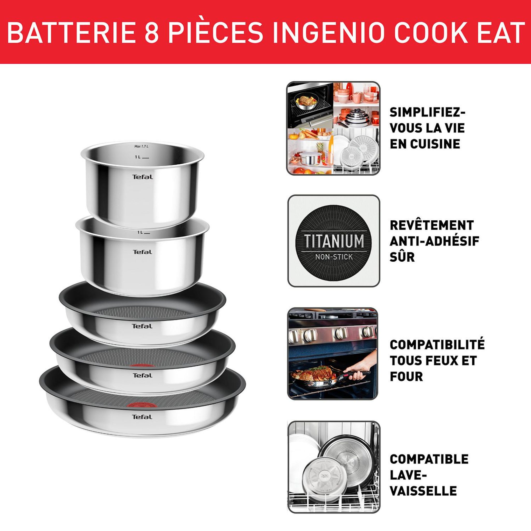 Voir la diapositive 2 : TEFAL Batterie de cuisine tous feux dont induction INGENIO COOK