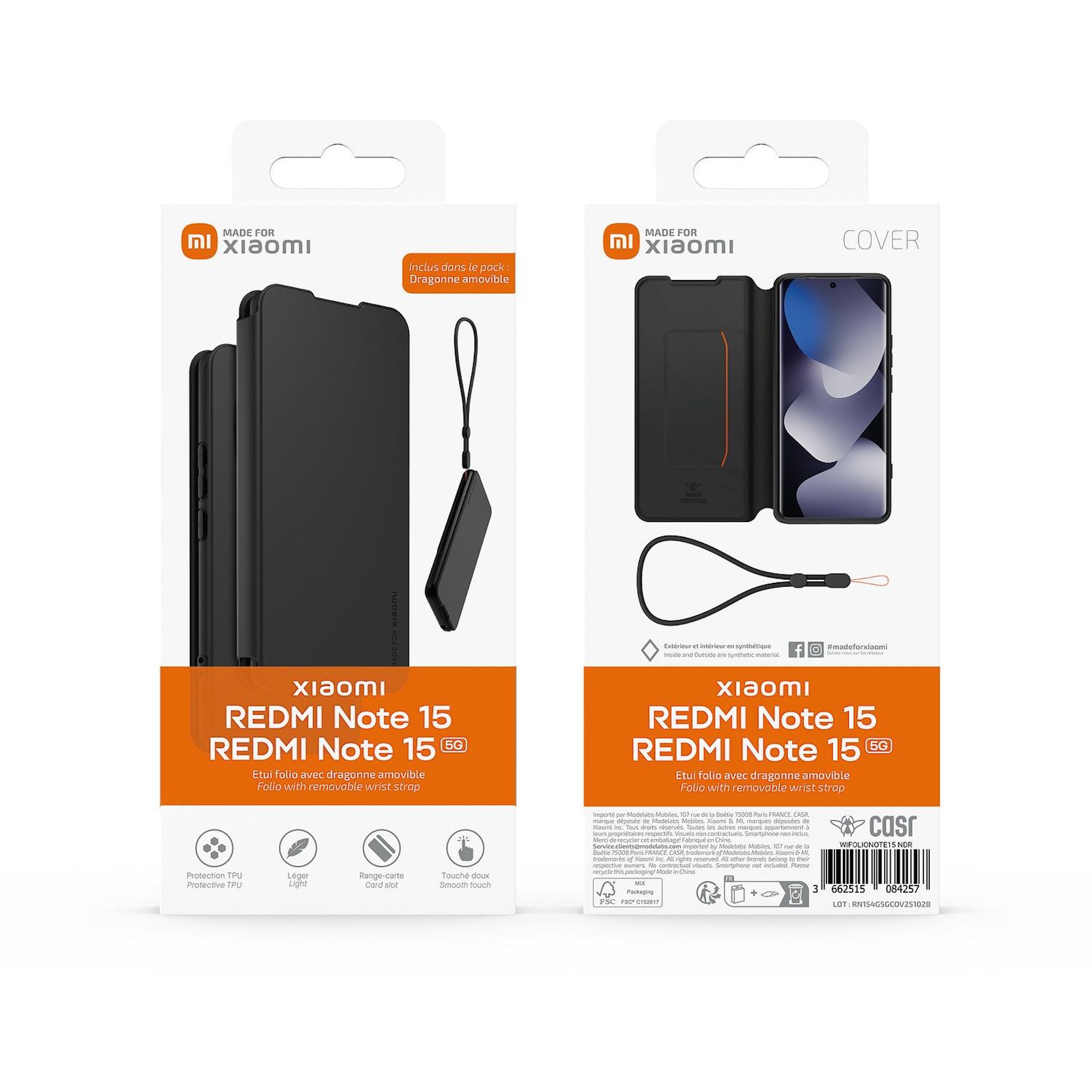 Voir la diapositive 6 : XIAOMI Étui Folio+Dragonne pour Redmi Note 15 4G/5G - Noir