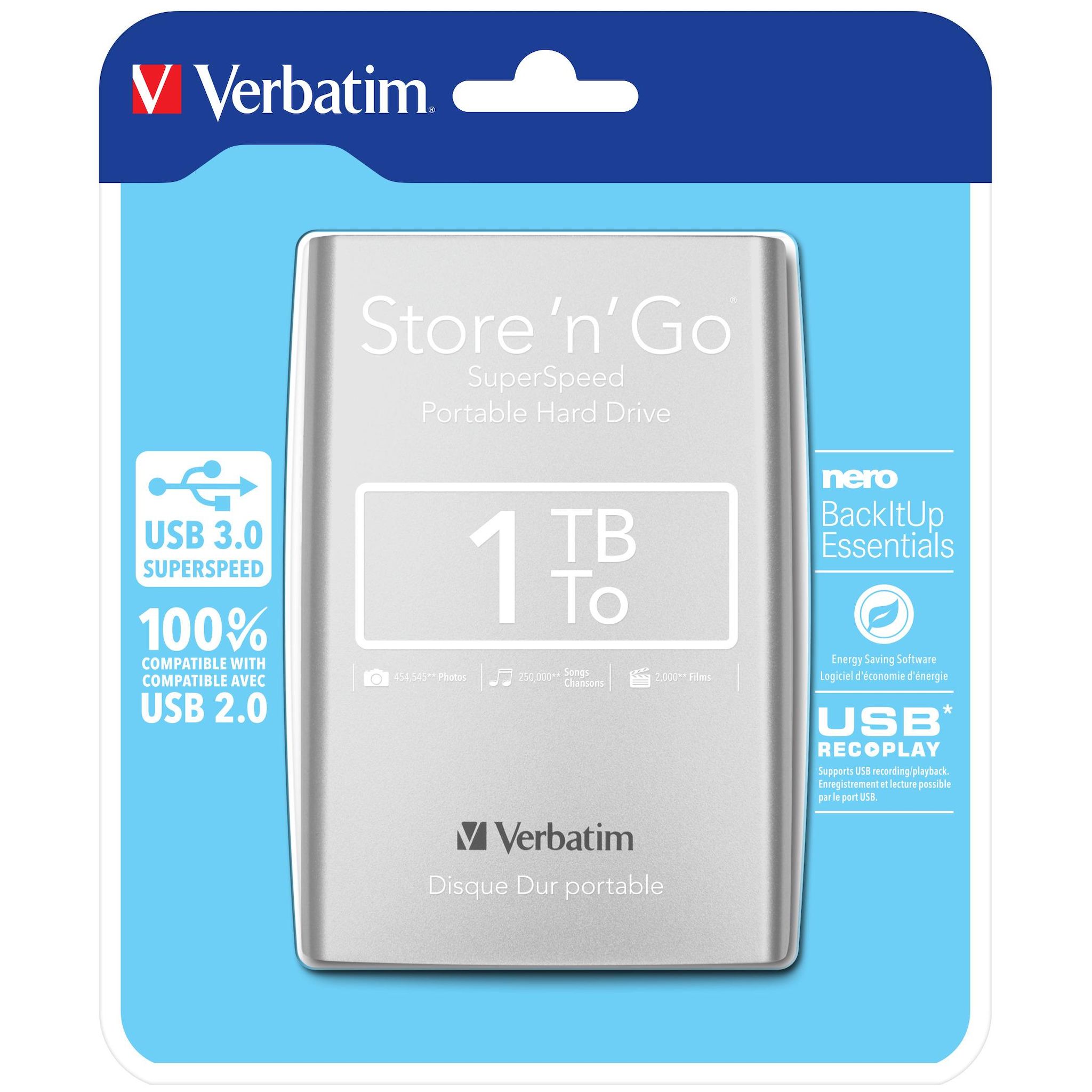 Voir la diapositive 5 : VERBATIM Disque Dur Externe Store N Go 1TO 3.0 - Silver