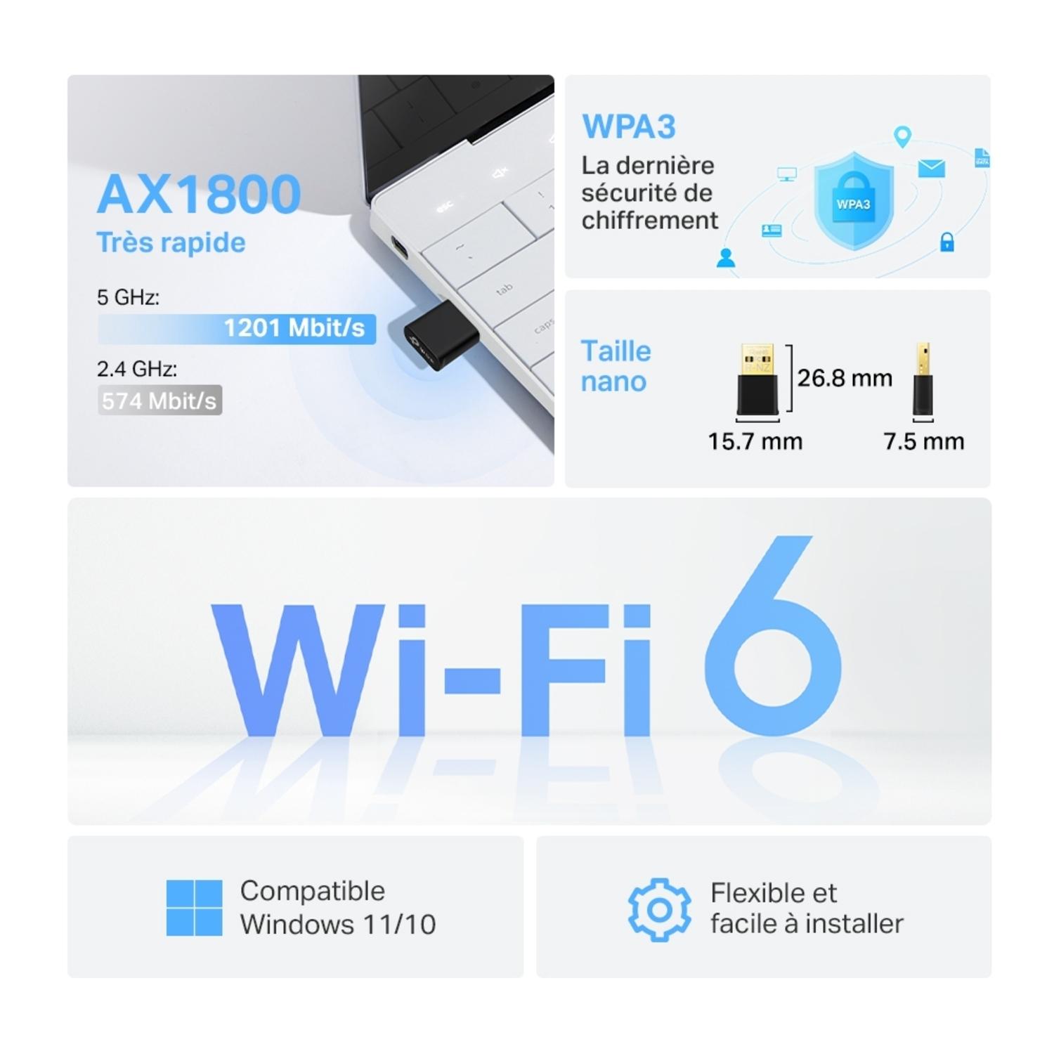 Voir la diapositive 4 : TP-LINK Adaptateur USB Wi-Fi 6 TP-Link Archer TX1800U Nano - Noir