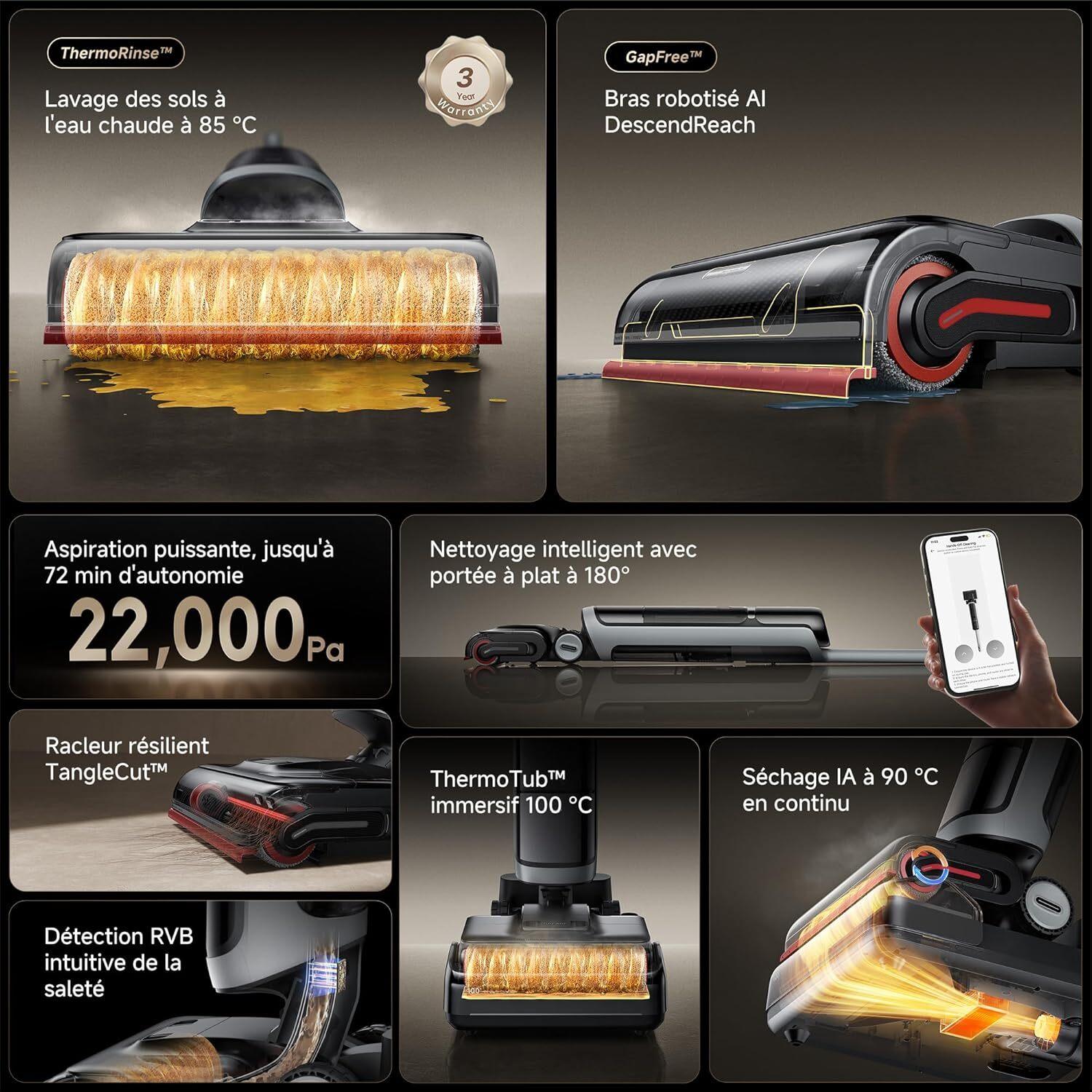 Voir la diapositive 4 : DREAME Aspirateur balai eau et poussière H15 PRO - Noir