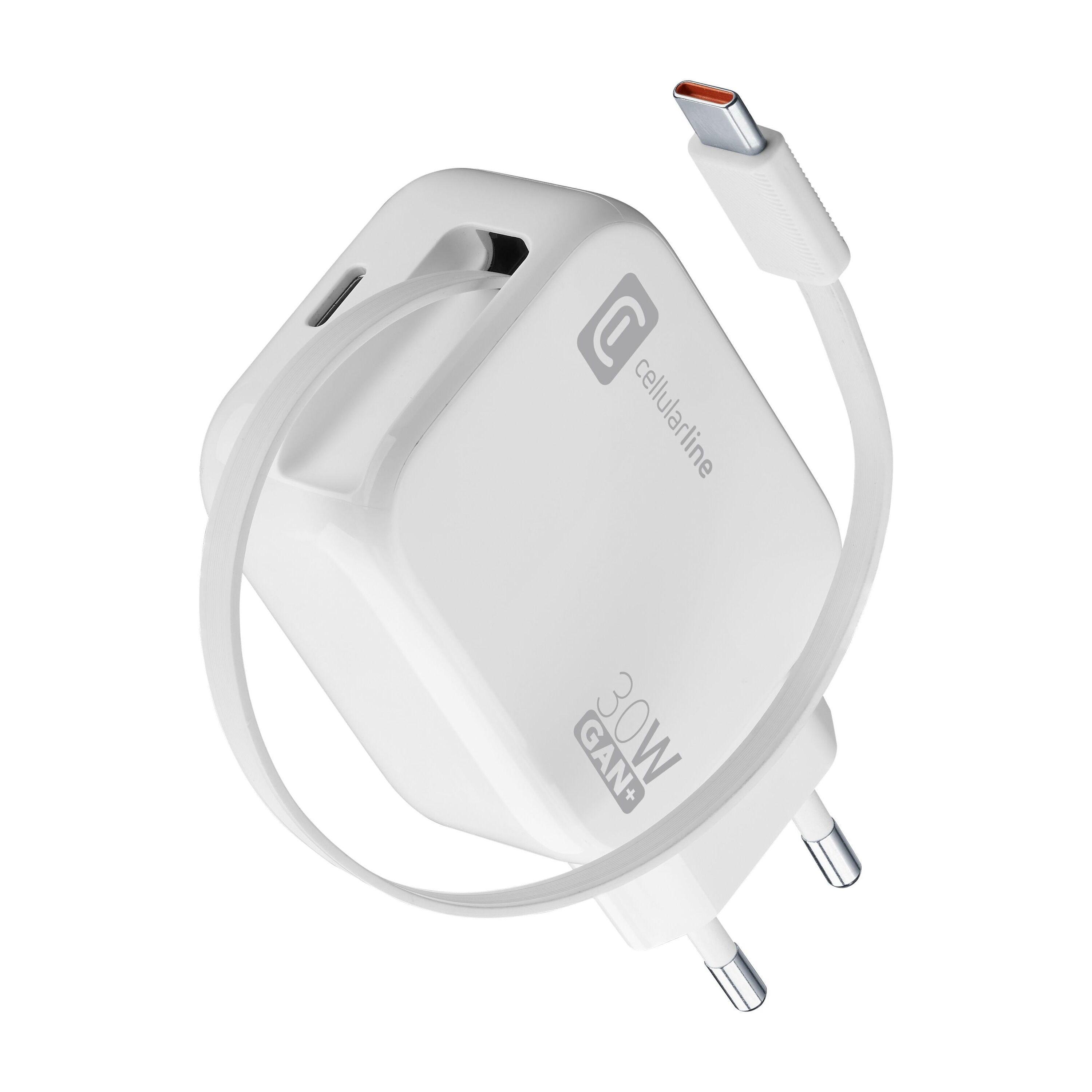 CELLULARLINE Chargeur+Câble USB C rétractable 30W - Blanc