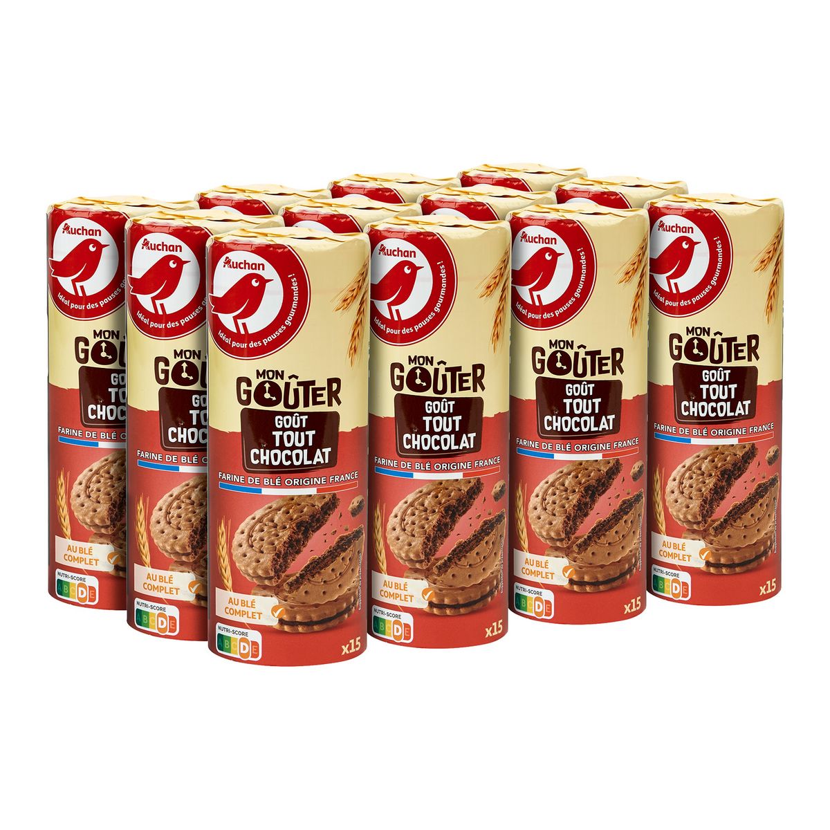 AUCHAN Mon Goûter Biscuits ronds fourrés tout chocolat  12 paquets de 300g
