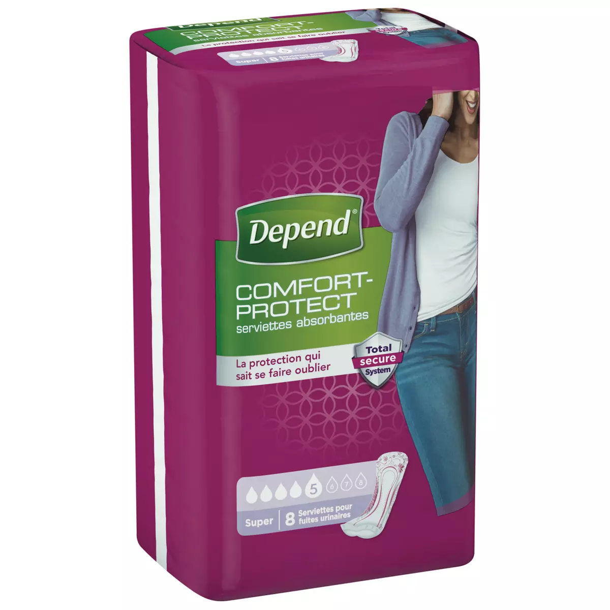 DEPEND Serviettes absorbantes incontinence super comfort-protect 8 pièces