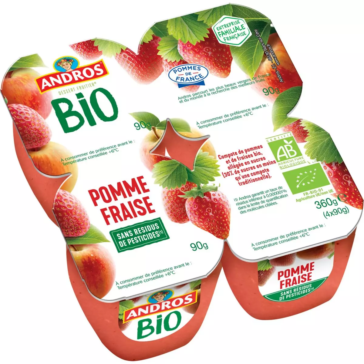 ANDROS Spécialité pomme fraise allégée en sucres bio 4x90g