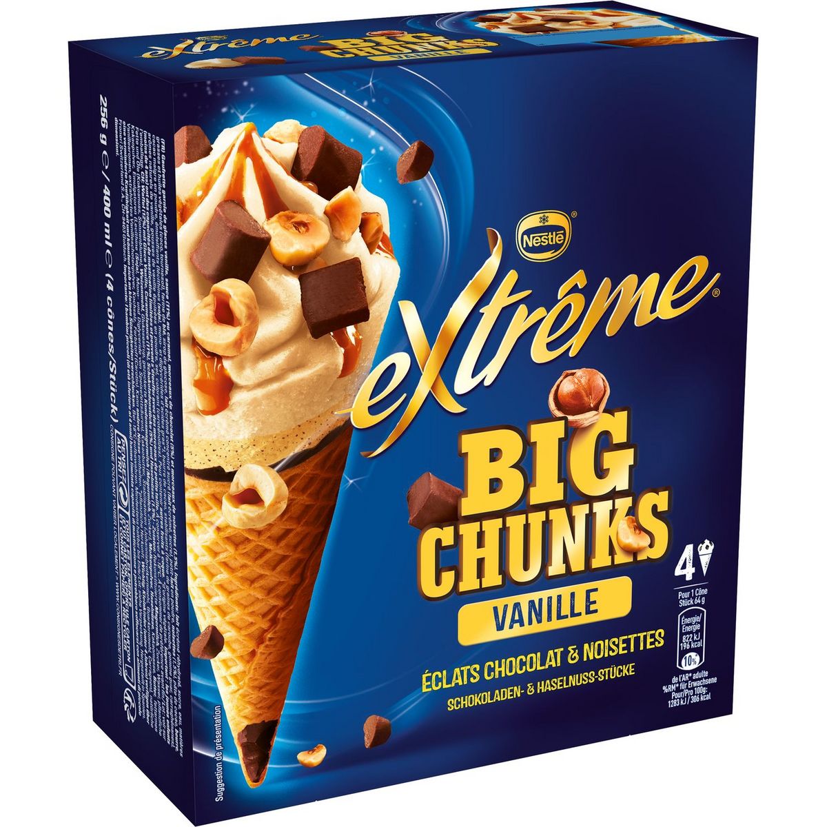 EXTREME Nestlé Cône glacé extrême vanille et éclats de chocolat et noisettes 256g 4 cônes 256g