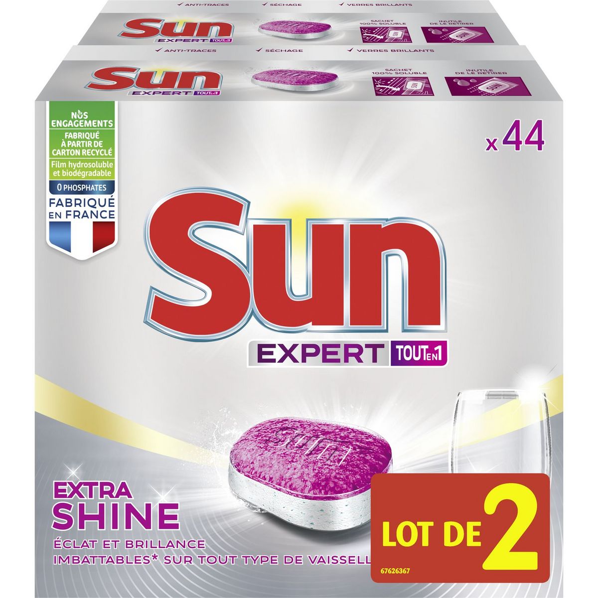 SUN Tablettes lave-vaisselle extra brillance 88 lavages 88 tablettes