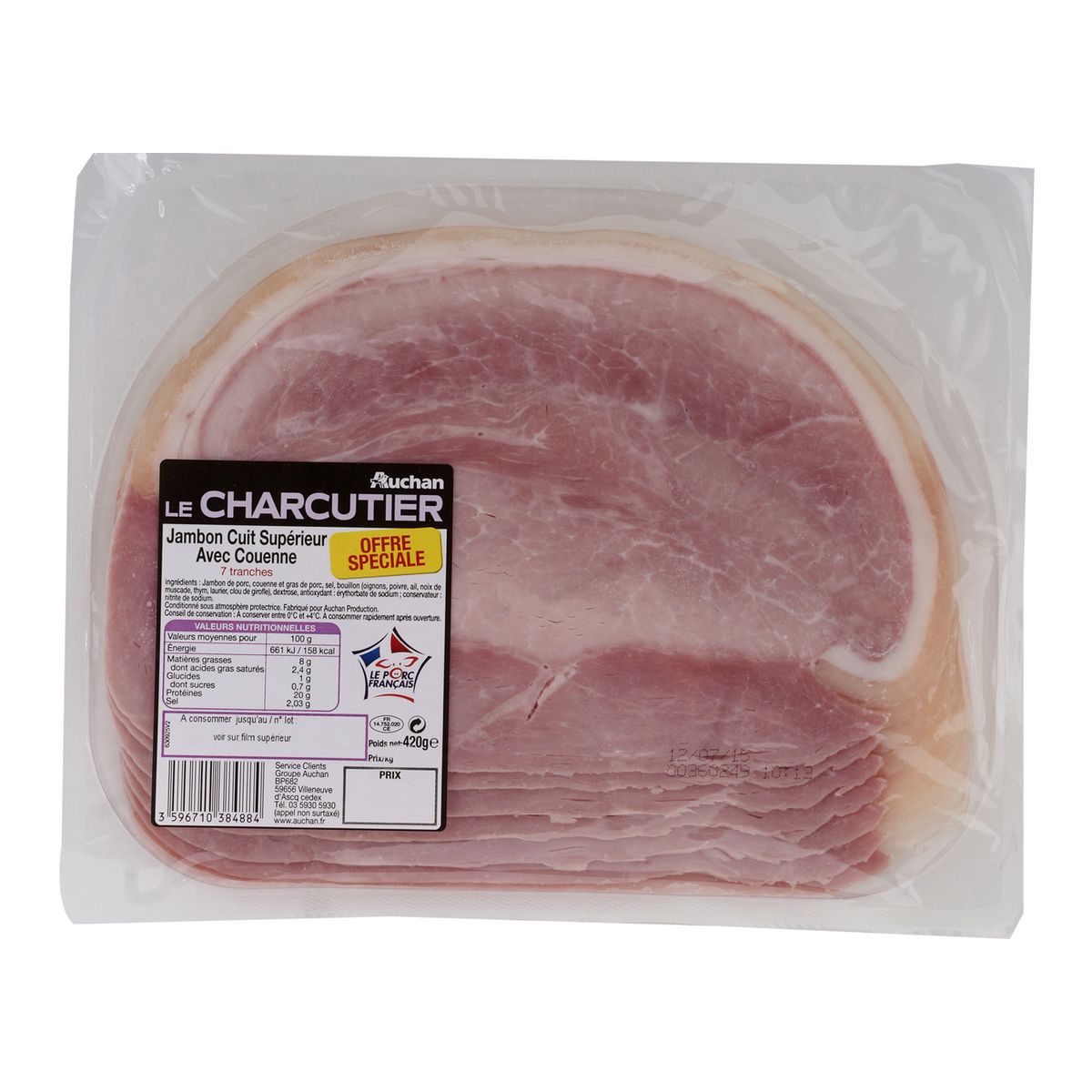 AUCHAN LE CHARCUTIER Jambon cuit supérieur avec couenne 7 tranches 240g