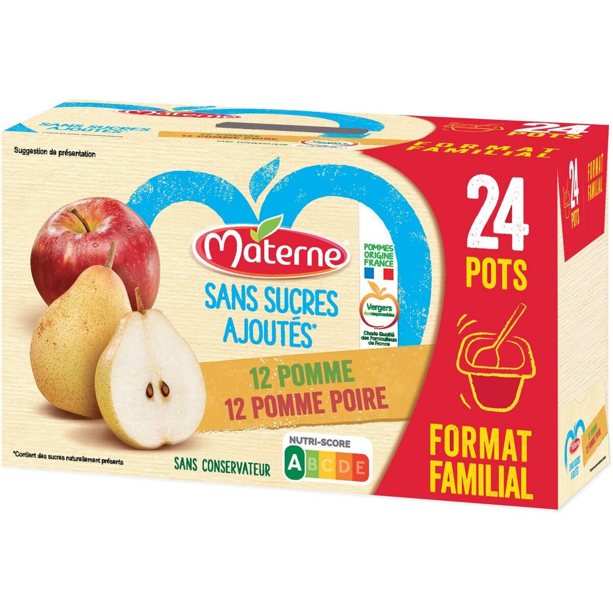MATERNE Dessert aux fruits pomme poire coupelles sans sucres ajoutés 24x100g