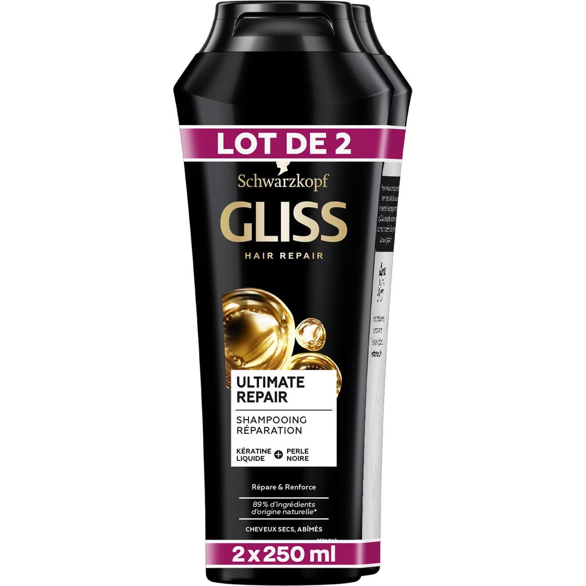 GLISS Ultimate Repair Shampooing cheveux secs et abîmés à la kératine liquide 2x250ml